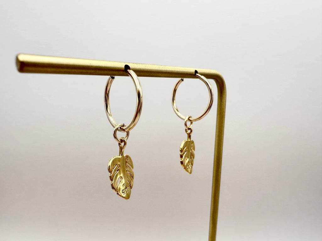 Monstera Leaf Charm 14K Gold Filled Hoop Earrings