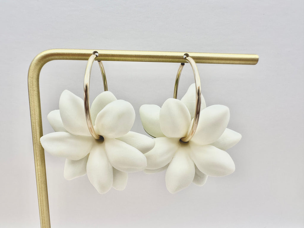 White Pikake 14K Gold Filled Hoop Earrings Hawaiian Jasmine Clay Flowers