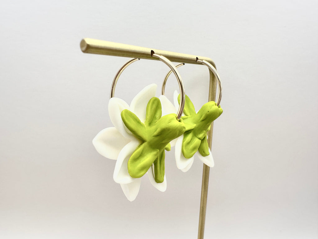 White Pikake 14K Gold Filled Hoop Earrings Hawaiian Jasmine Clay Flowers