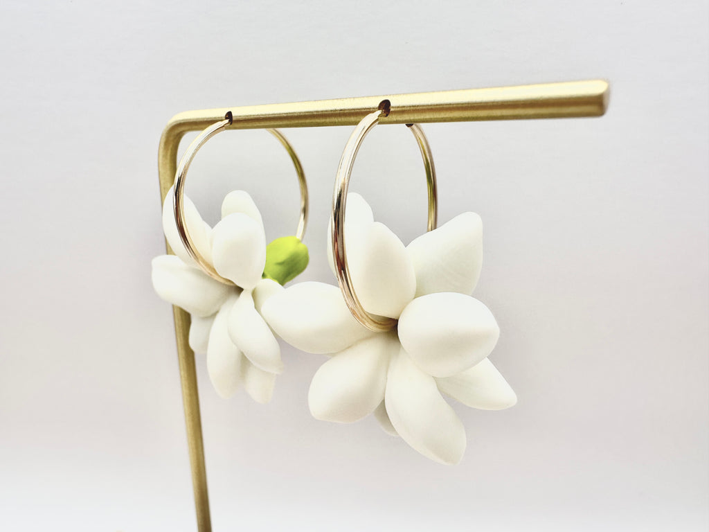 White Pikake 14K Gold Filled Hoop Earrings Hawaiian Jasmine Clay Flowers