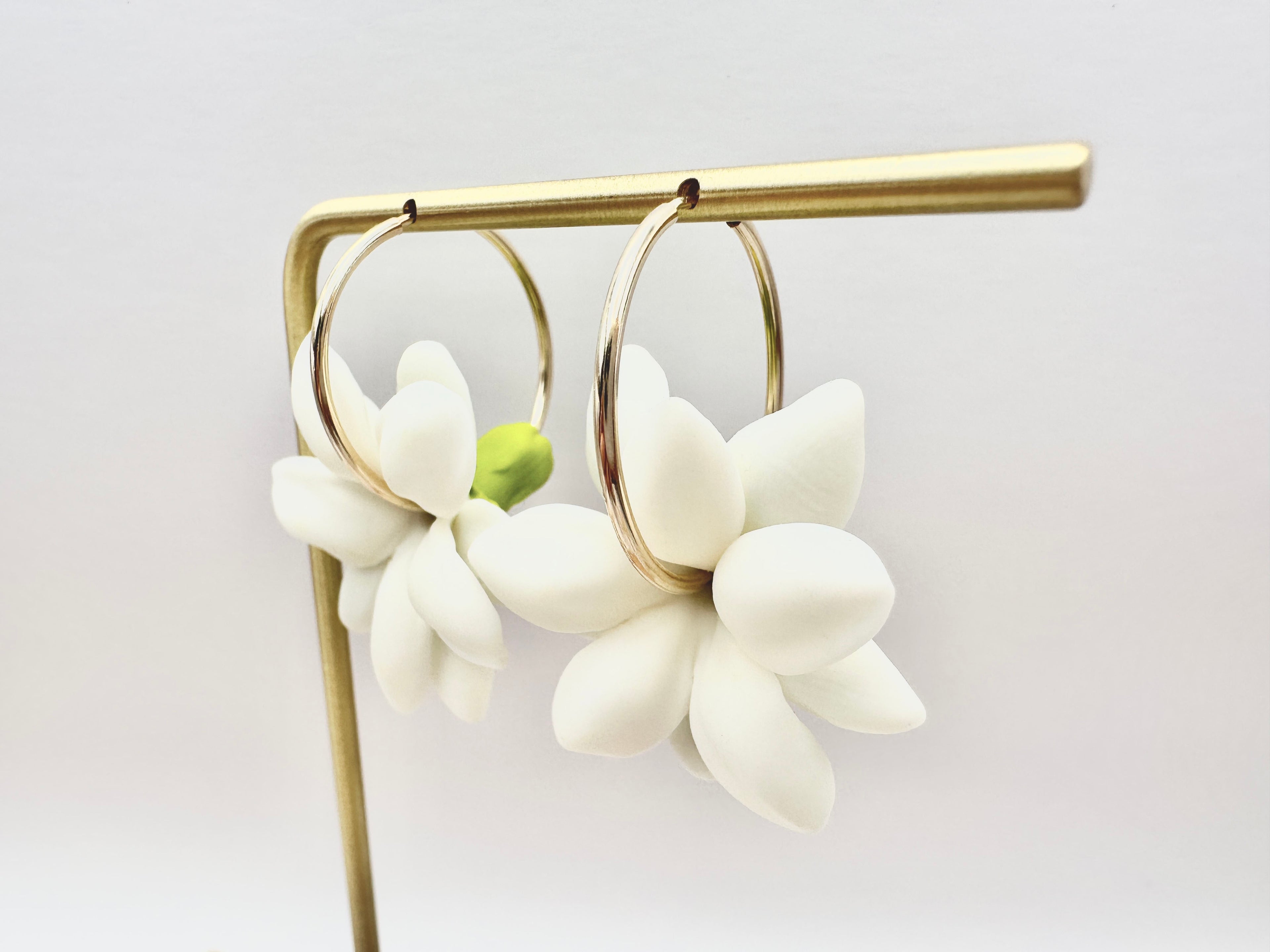 White Pikake 14K Gold Filled Hoop Earrings Hawaiian Jasmine Clay Flowers