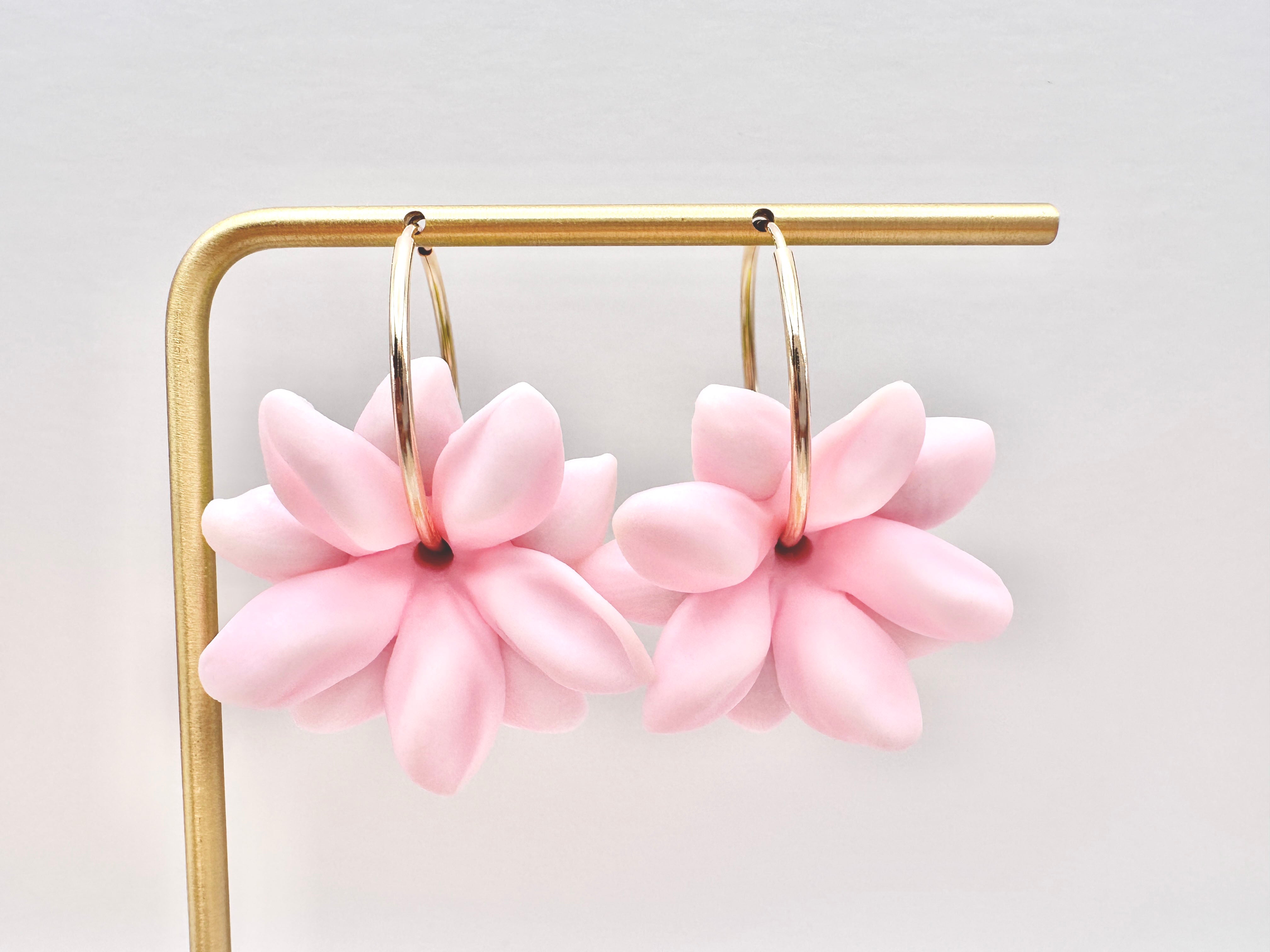 Pink Pikake 14K Gold Filled Hoop Earrings Hawaiian Jasmine Clay