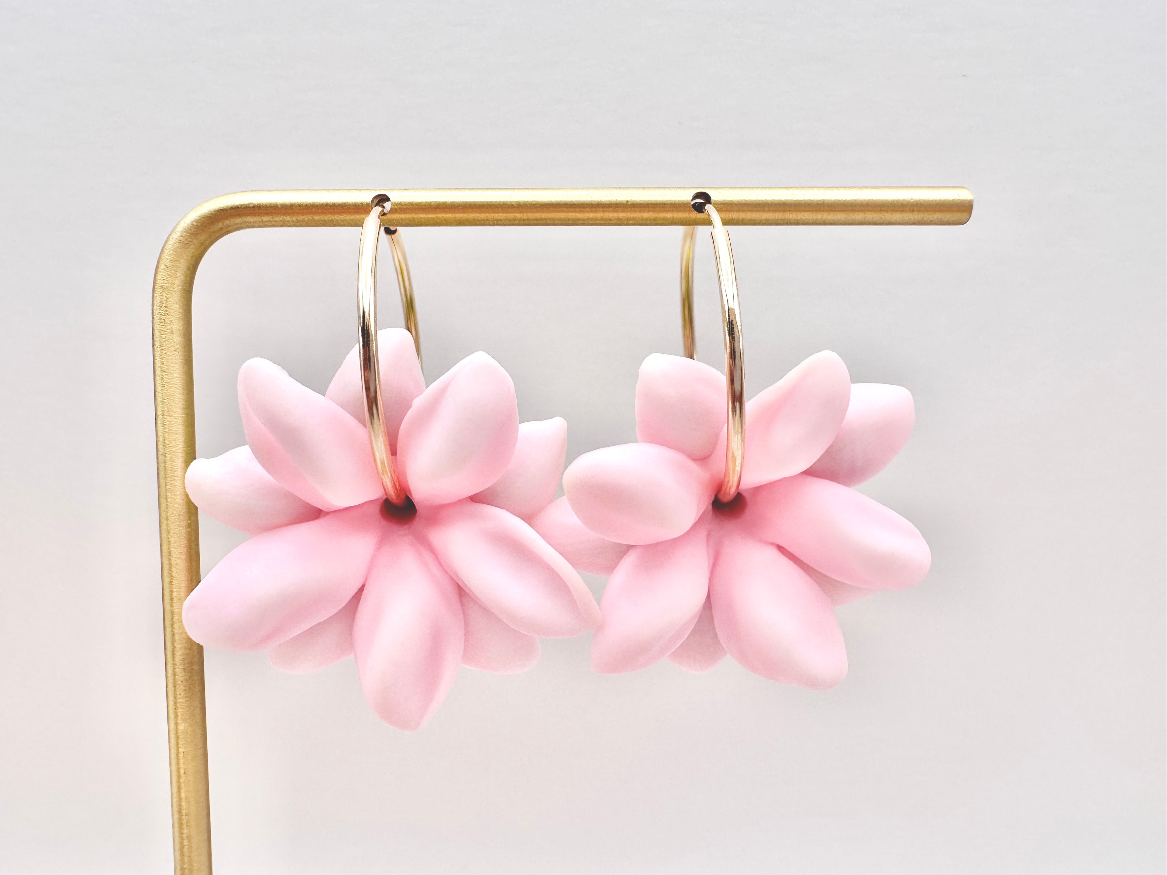 Pink Pikake 14K Gold Filled Hoop Earrings Hawaiian Jasmine Clay Flowers