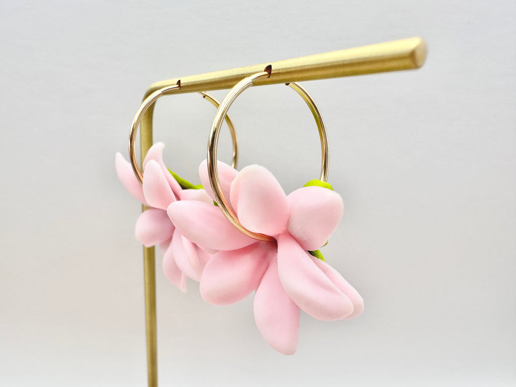 Pink Pikake 14K Gold Filled Hoop Earrings Hawaiian Jasmine Clay Flowers