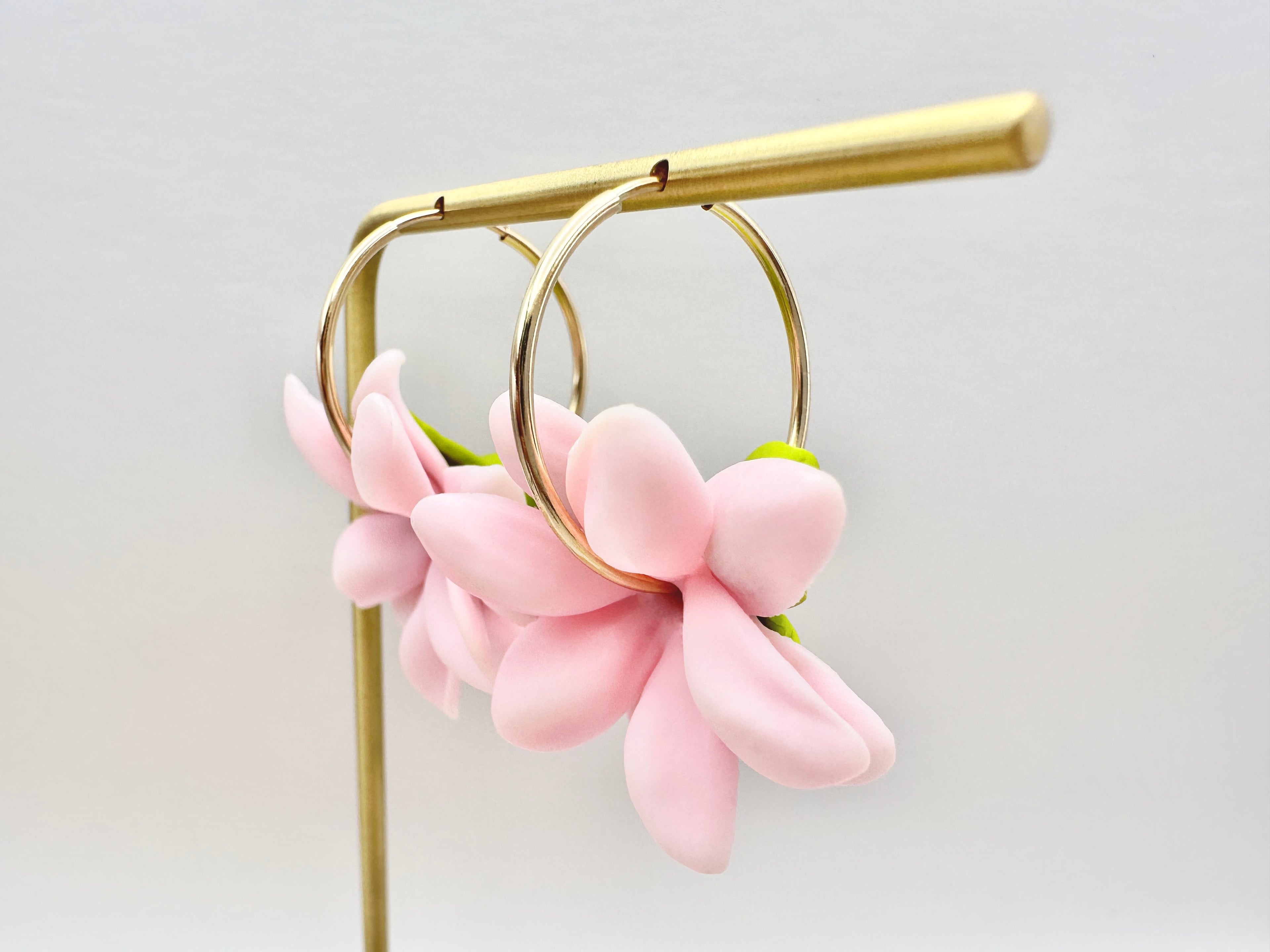 Pink Pikake 14K Gold Filled Hoop Earrings Hawaiian Jasmine Clay Flowers