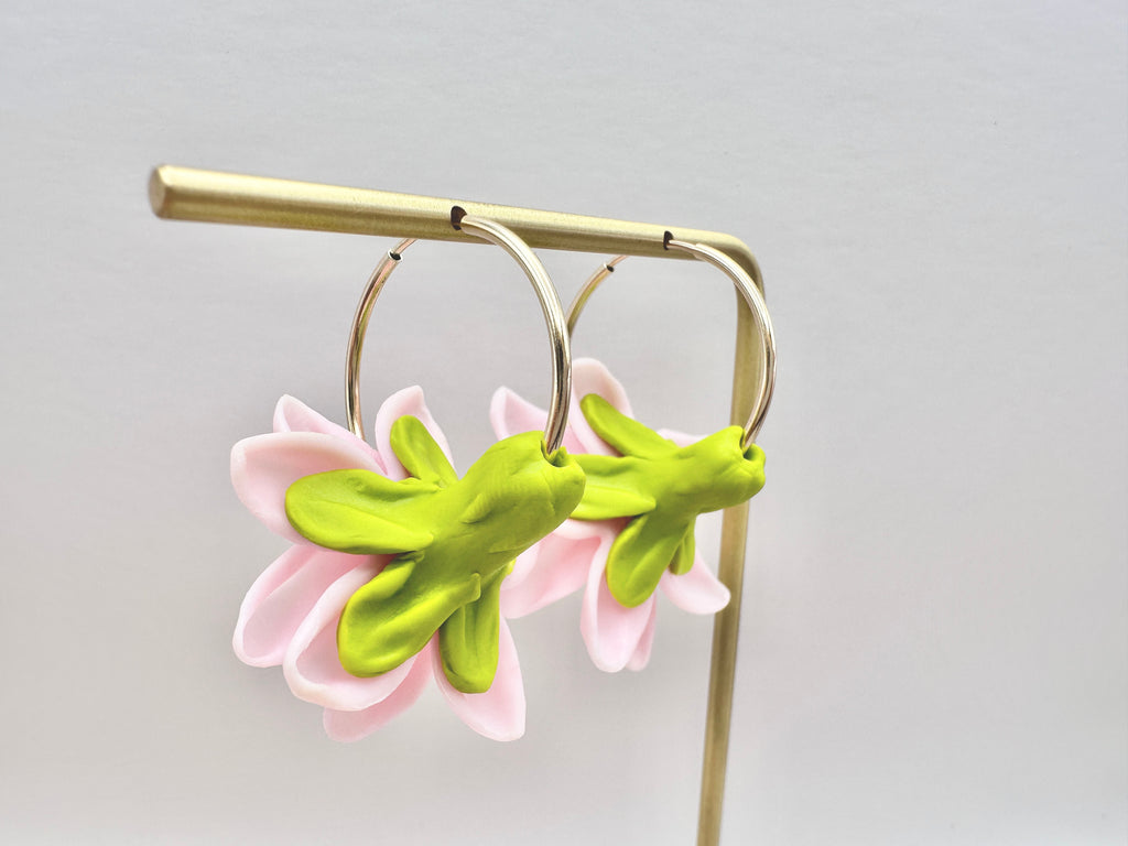 Pink Pikake 14K Gold Filled Hoop Earrings Hawaiian Jasmine Clay Flowers