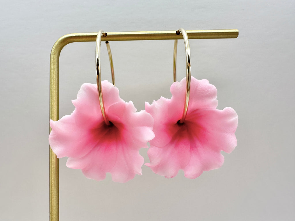 Pink Hibiscus 14K Gold Filled Hoop Earrings Hawaiian Clay Flowers