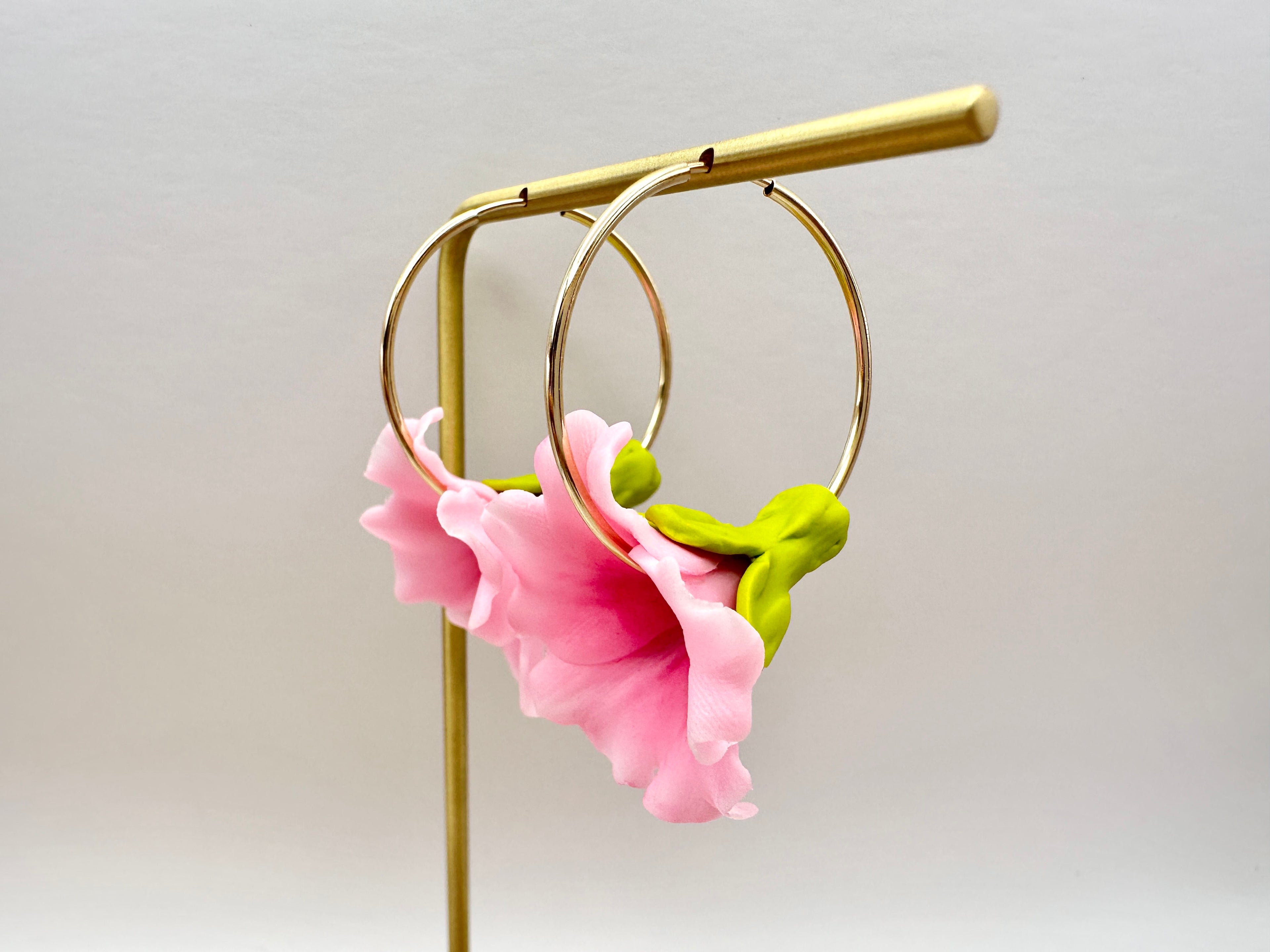 Pink Hibiscus 14K Gold Filled Hoop Earrings Hawaiian Clay Flowers