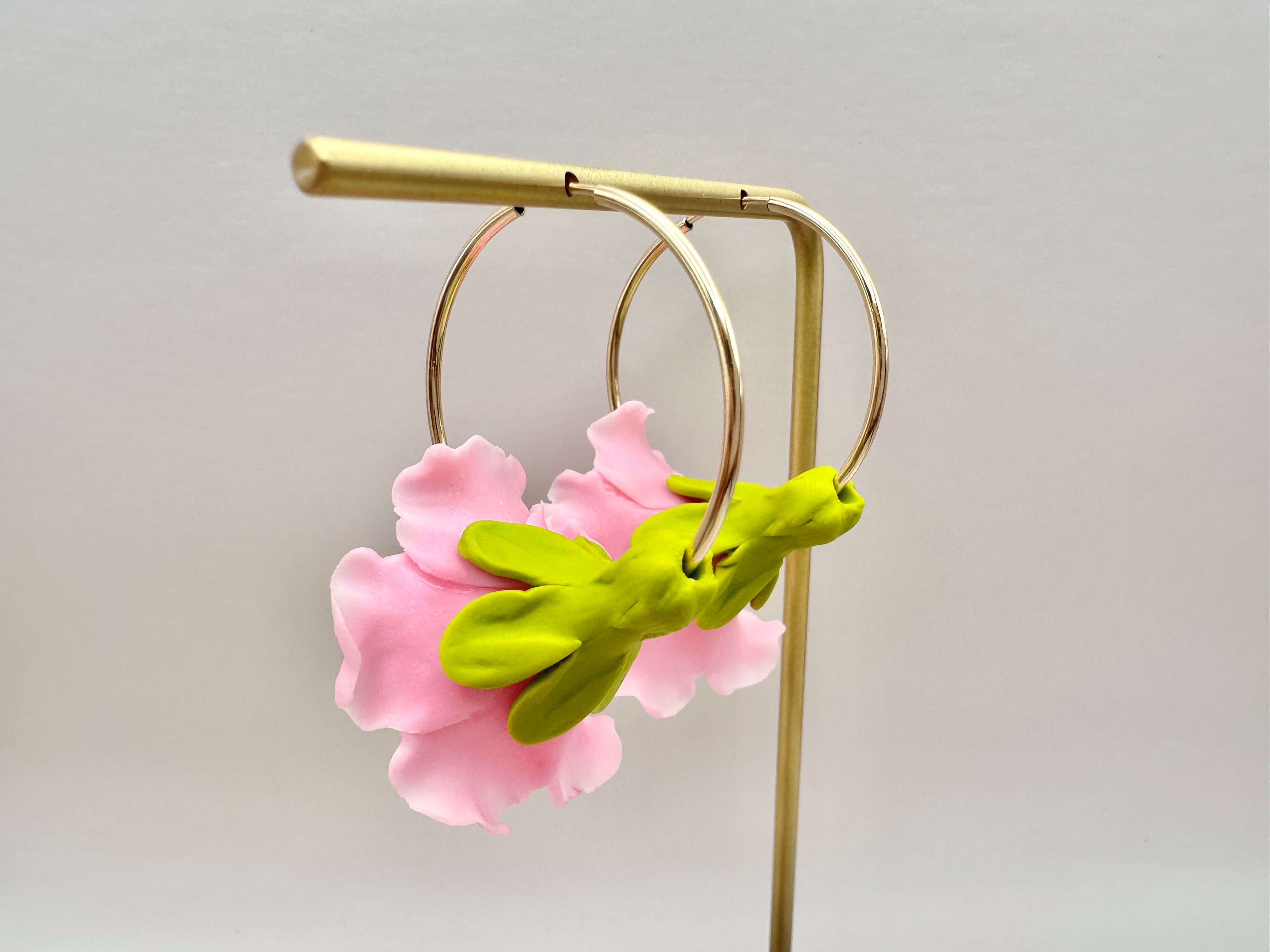 Pink Hibiscus 14K Gold Filled Hoop Earrings Hawaiian Clay Flowers