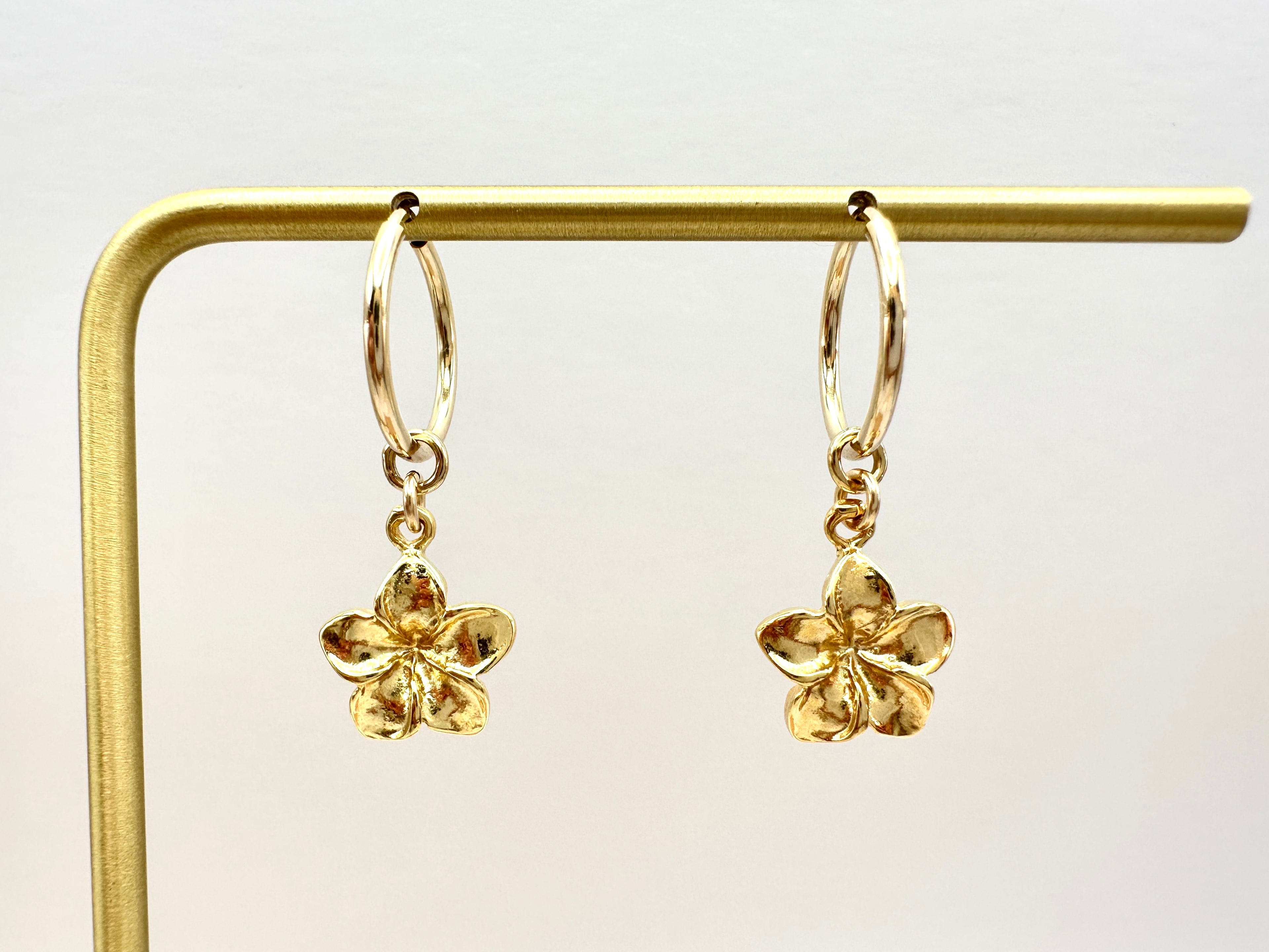 Plumeria Flower Hawaiian Frangipani Charm 14K Gold Filled Hoop Earrings