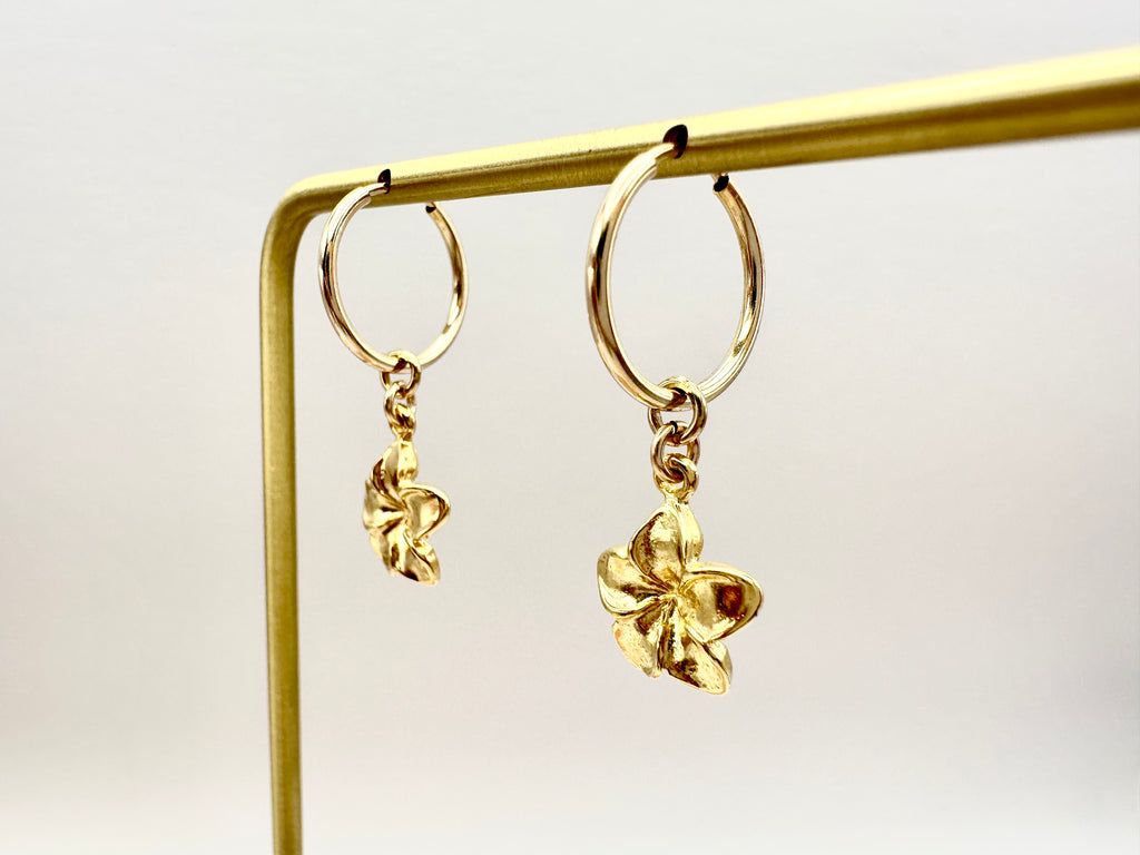 Plumeria Flower Hawaiian Frangipani Charm 14K Gold Filled Hoop Earrings