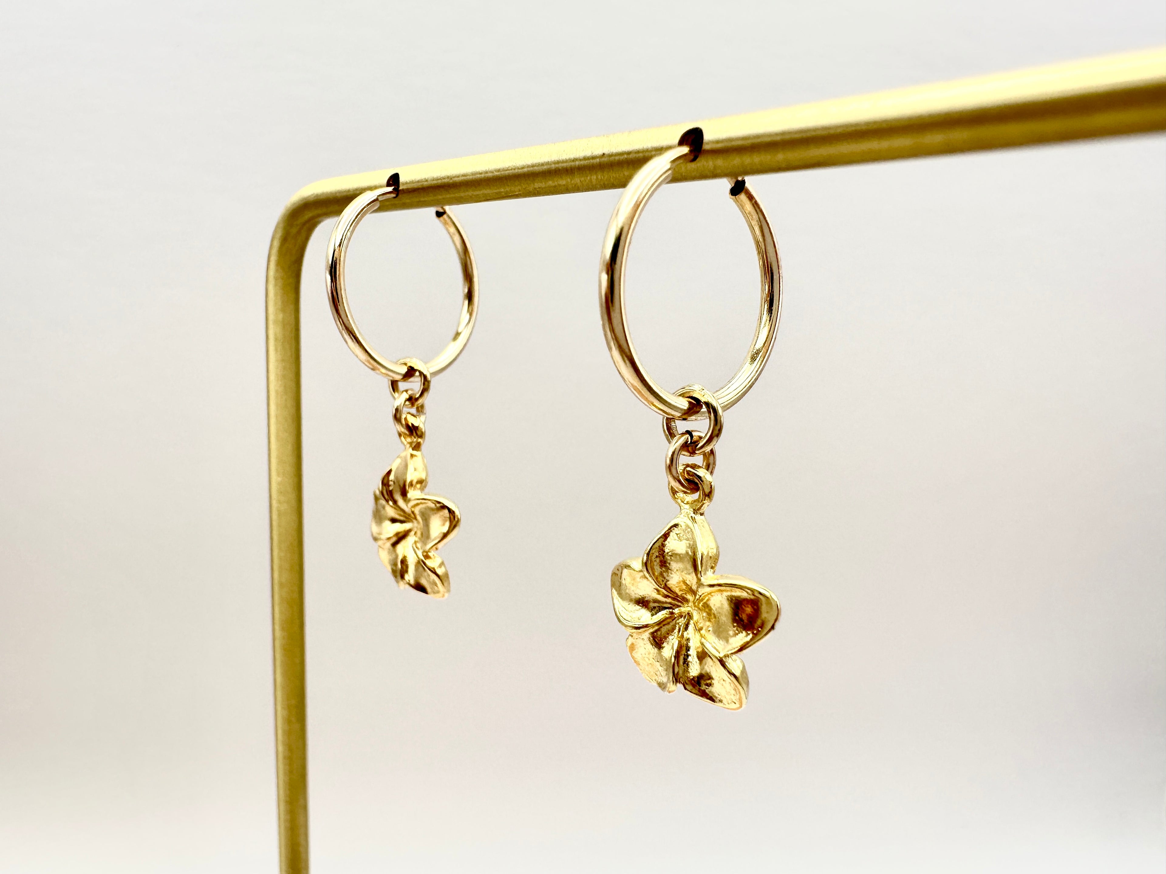 Plumeria Flower Hawaiian Frangipani Charm 14K Gold Filled Hoop Earrings