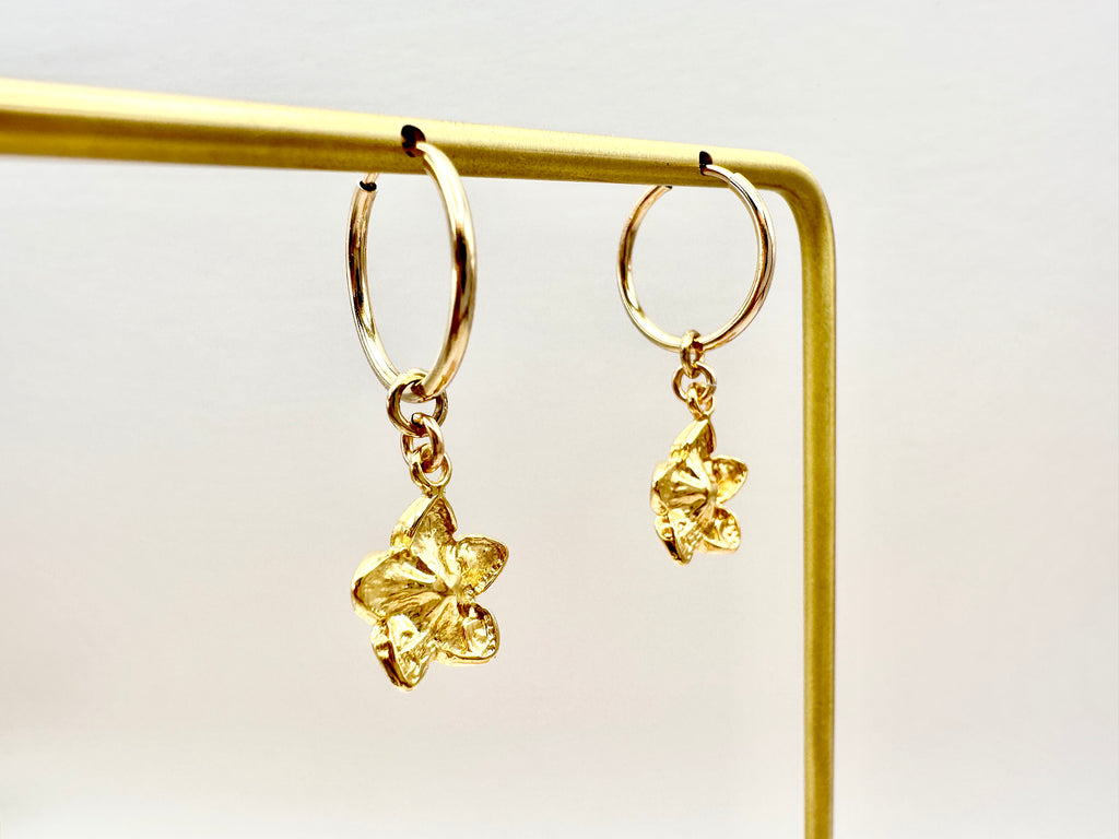 Plumeria Flower Hawaiian Frangipani Charm 14K Gold Filled Hoop Earrings