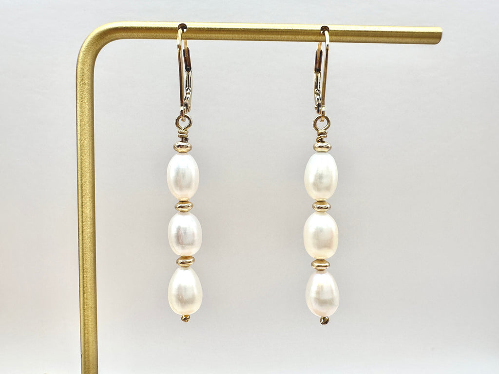 Triple Freshwater Pearl Drop 14K Gold Filled Lever Back Earrings