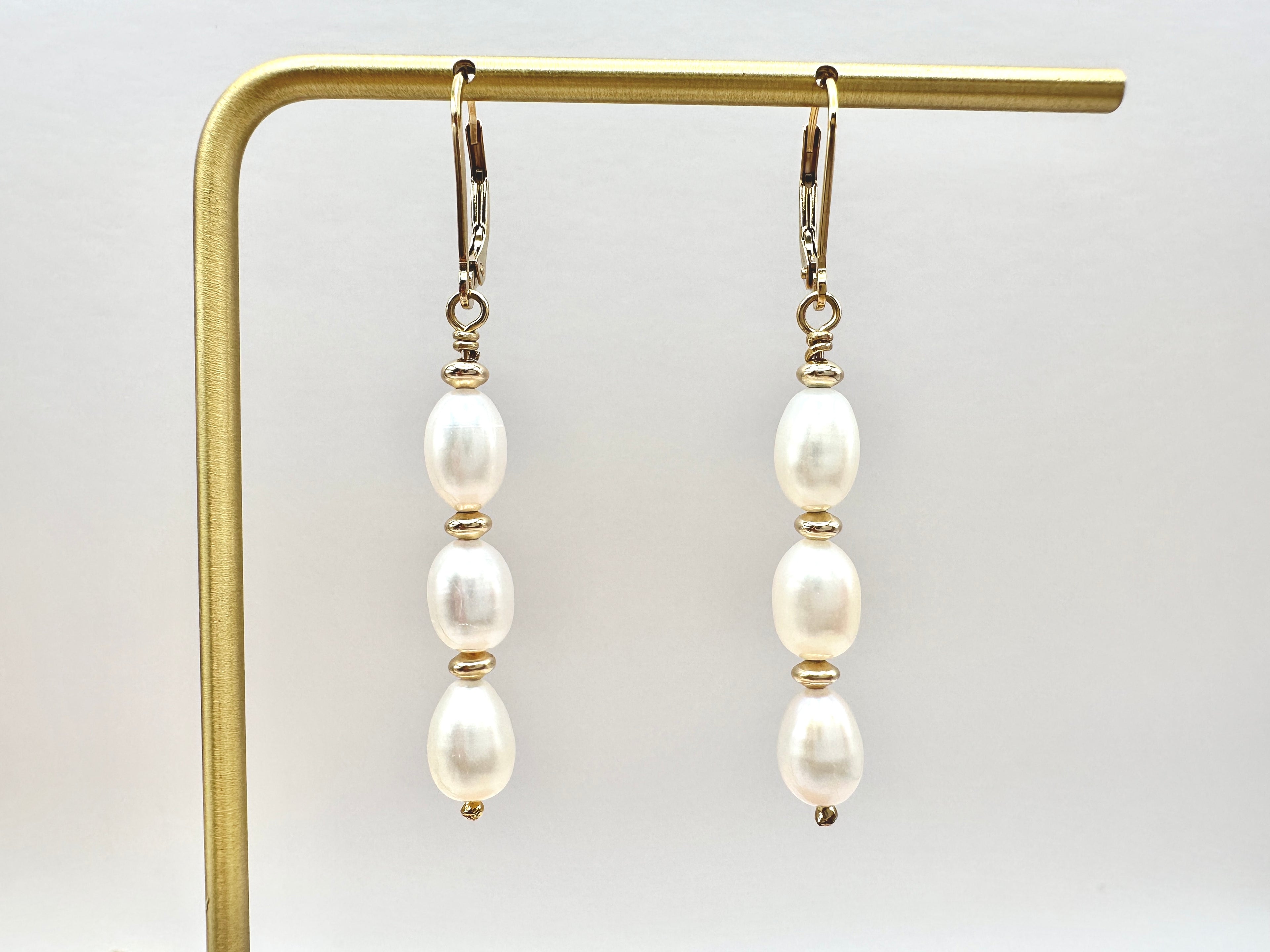 Triple Freshwater Pearl Drop 14K Gold Filled Lever Back Earrings