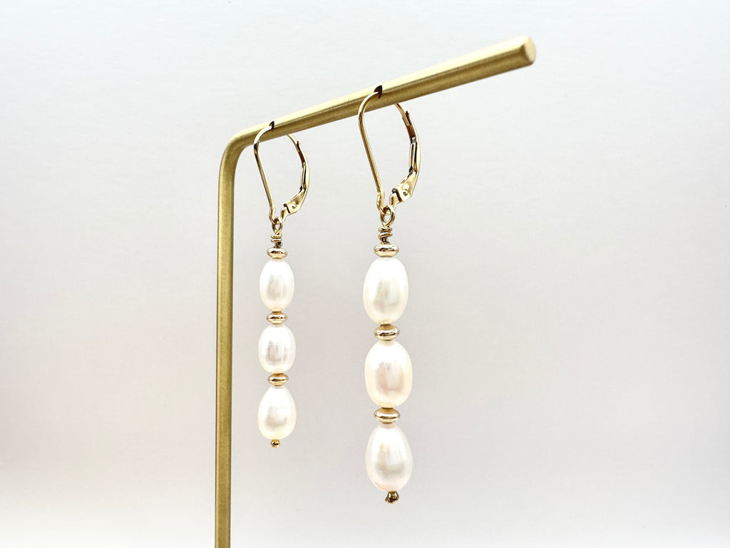 Triple Freshwater Pearl Drop 14K Gold Filled Lever Back Earrings