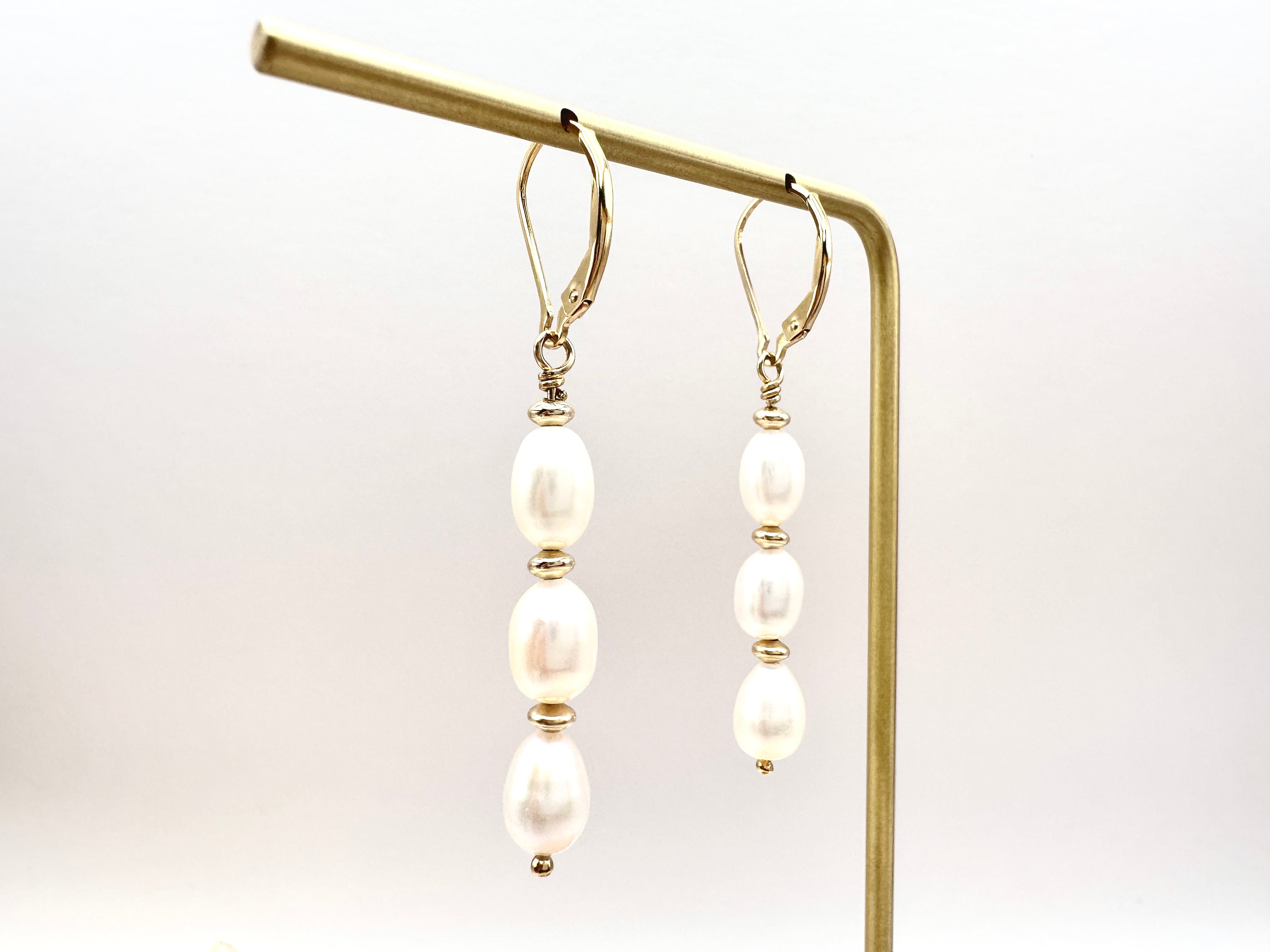 Triple Freshwater Pearl Drop 14K Gold Filled Lever Back Earrings