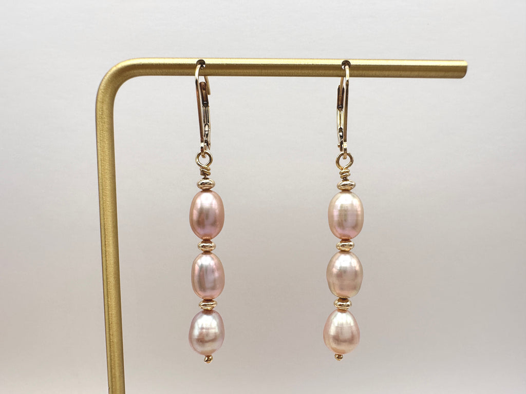 Triple Freshwater Pearl Drop 14K Gold Filled Lever Back Earrings
