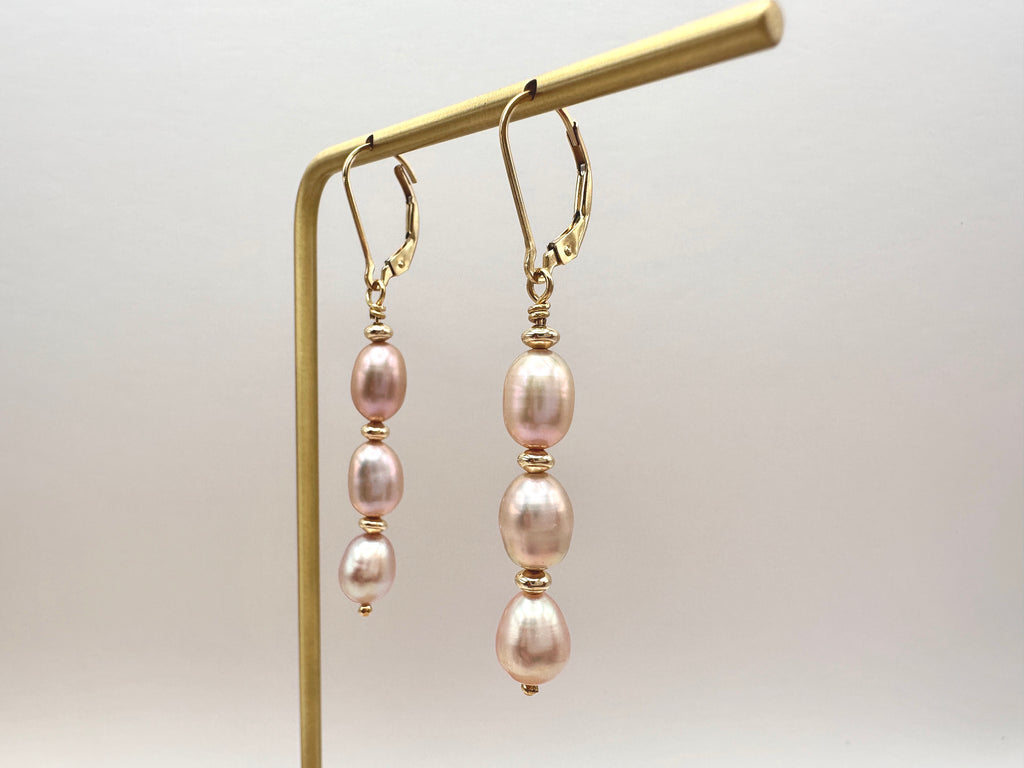 Triple Freshwater Pearl Drop 14K Gold Filled Lever Back Earrings