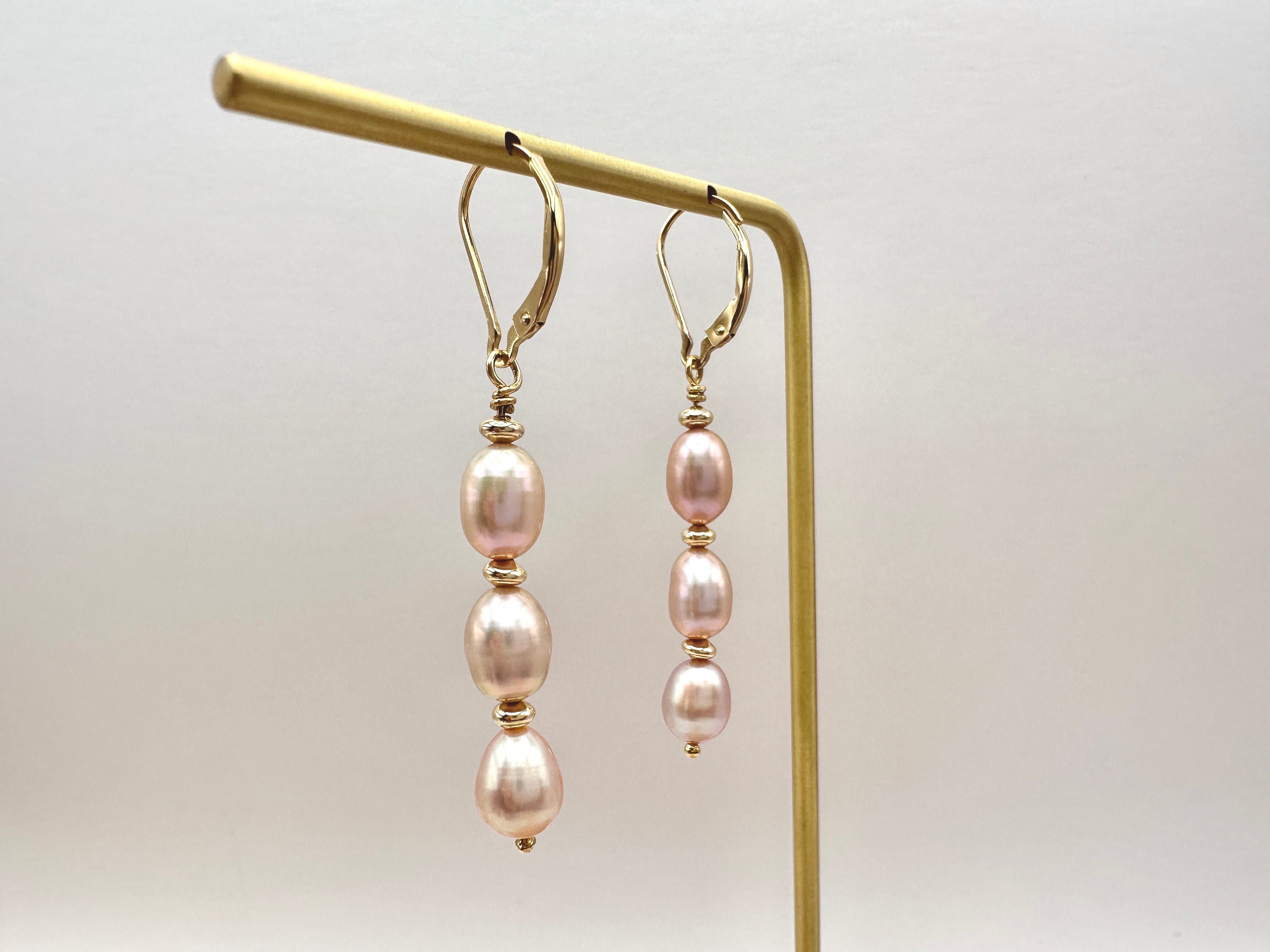 Triple Freshwater Pearl Drop 14K Gold Filled Lever Back Earrings