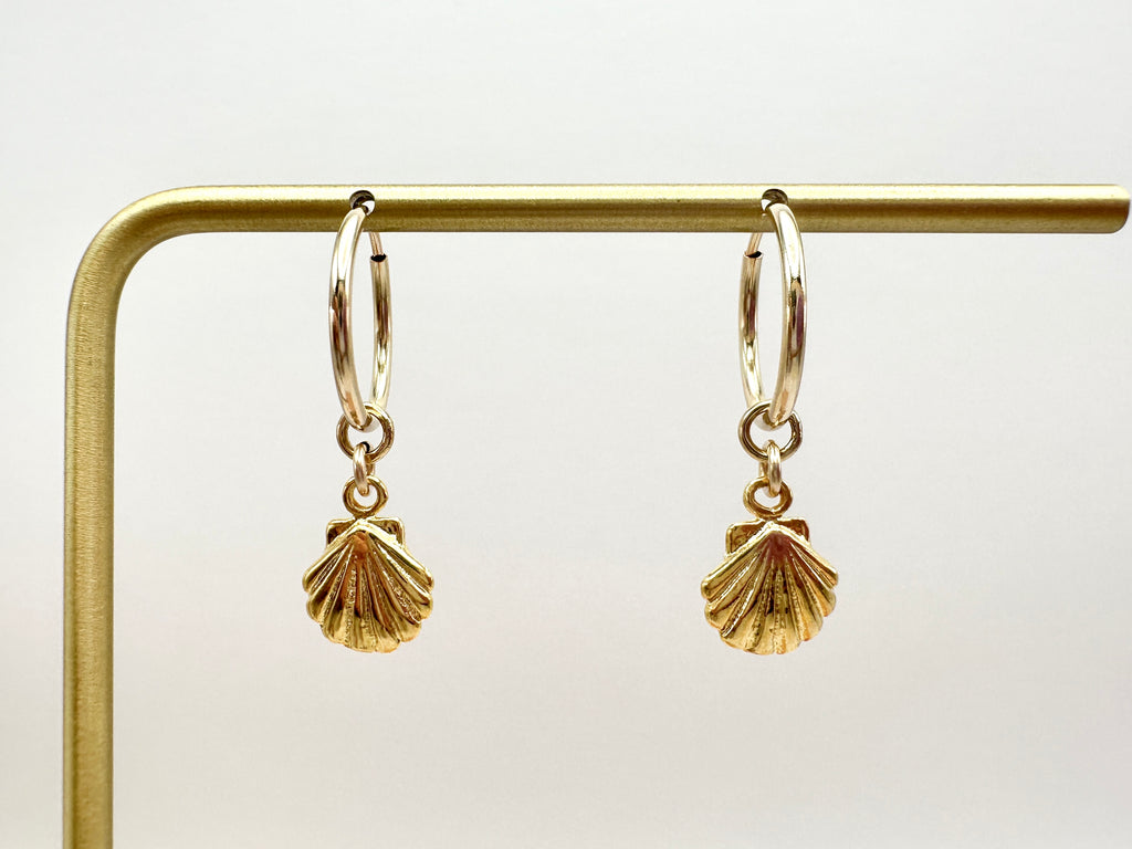 Small Scallop Shell Charm 14K Gold Filled Hoop Earrings