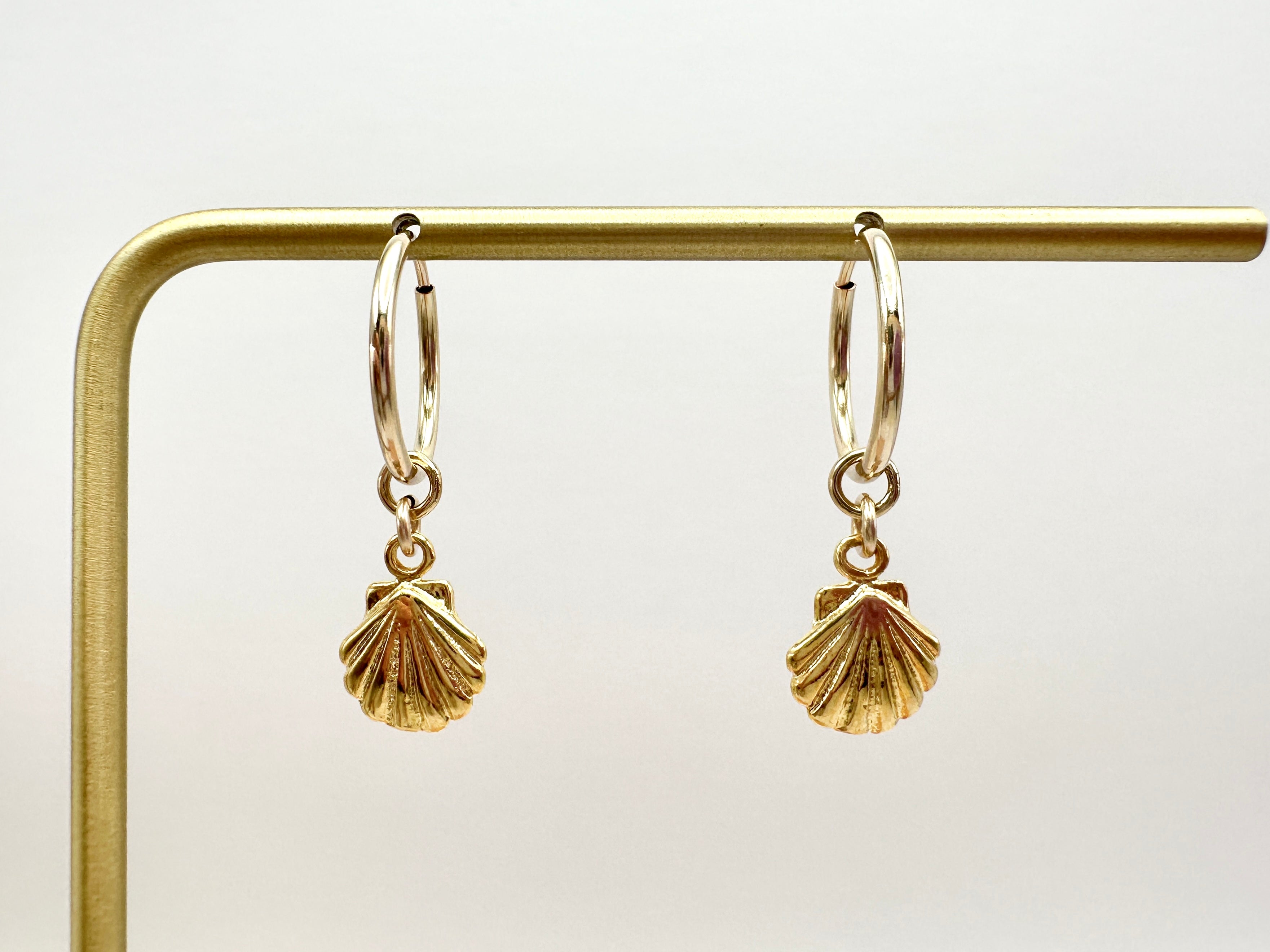 Small Scallop Shell Charm 14K Gold Filled Hoop Earrings