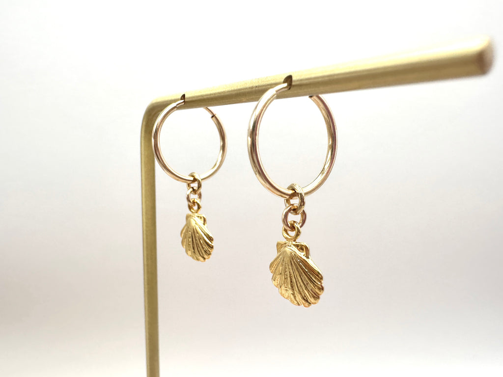 Small Scallop Shell Charm 14K Gold Filled Hoop Earrings