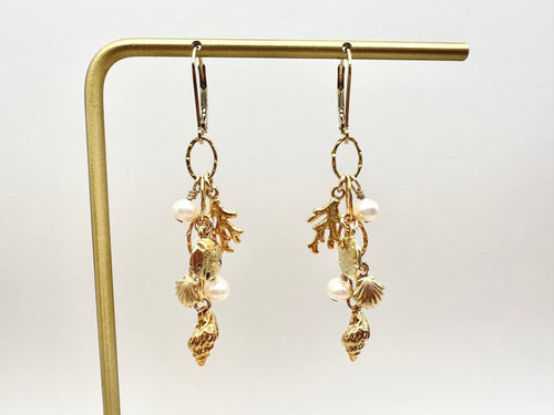 Ocean Inspired Charm and Freshwater Pearl Cluster 14K Gold Filled Lever Back Earrings