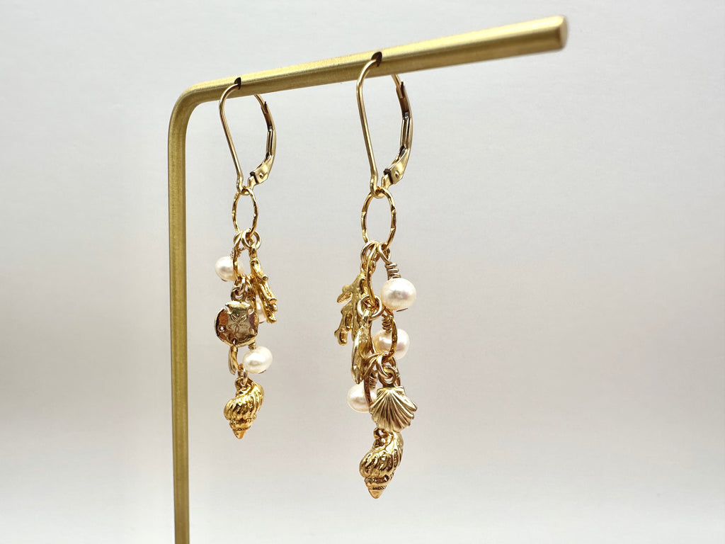 Ocean Inspired Charm and Freshwater Pearl Cluster 14K Gold Filled Lever Back Earrings
