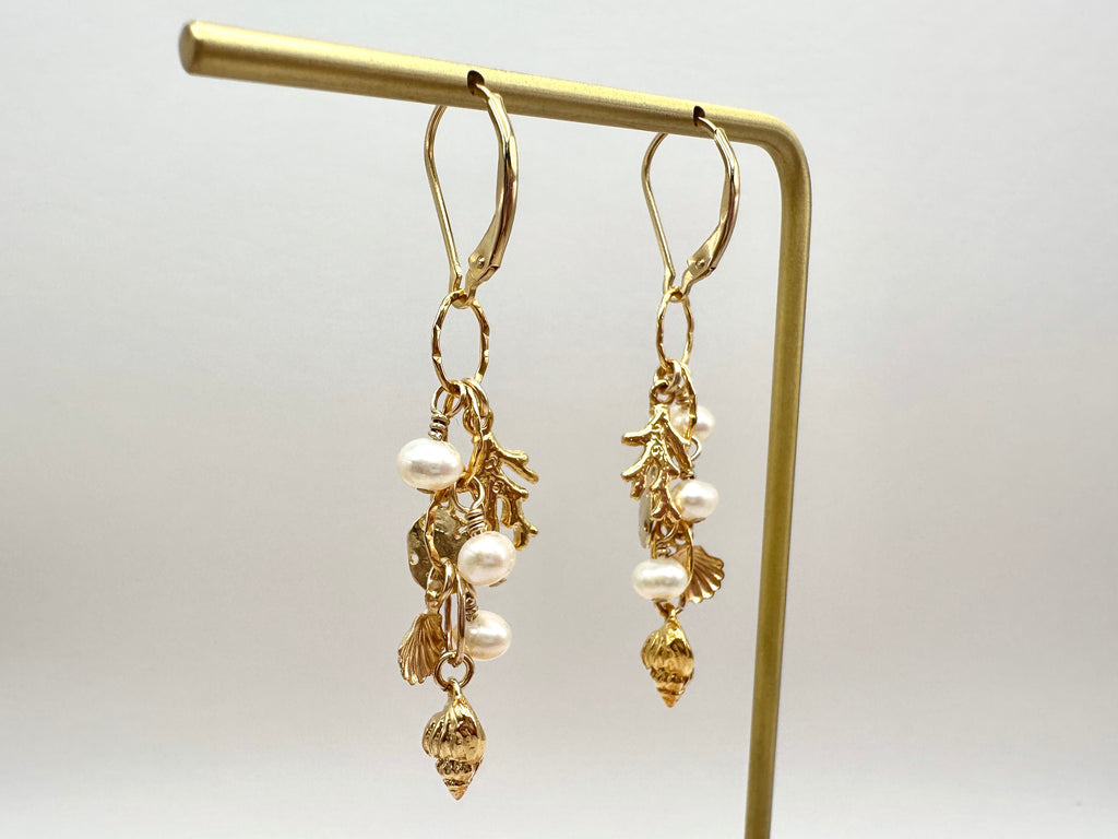 Ocean Inspired Charm and Freshwater Pearl Cluster 14K Gold Filled Lever Back Earrings
