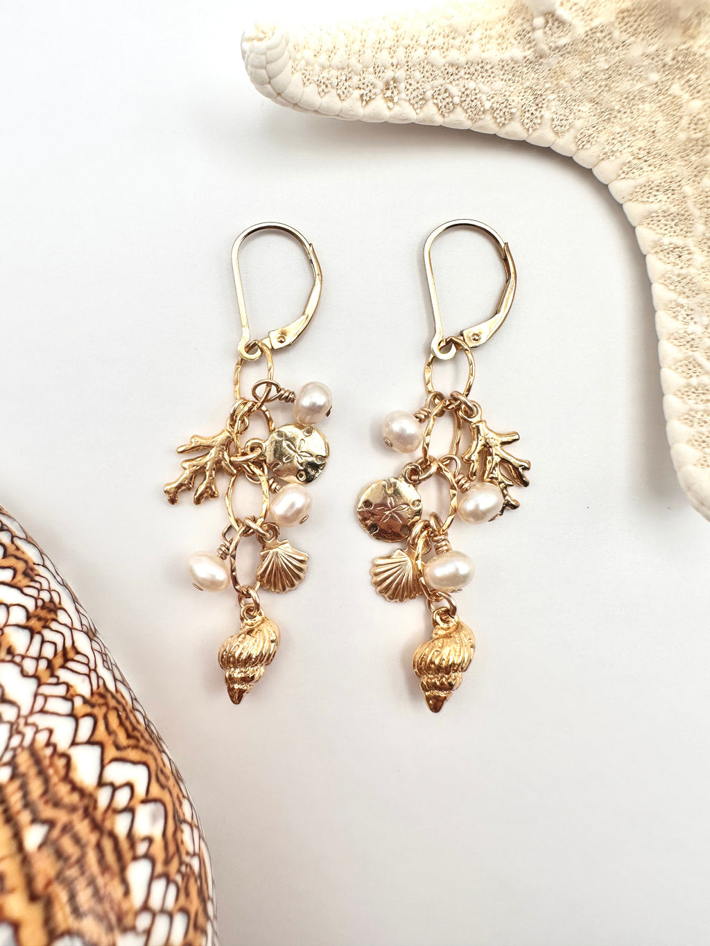 Ocean Inspired Charm and Freshwater Pearl Cluster 14K Gold Filled Lever Back Earrings