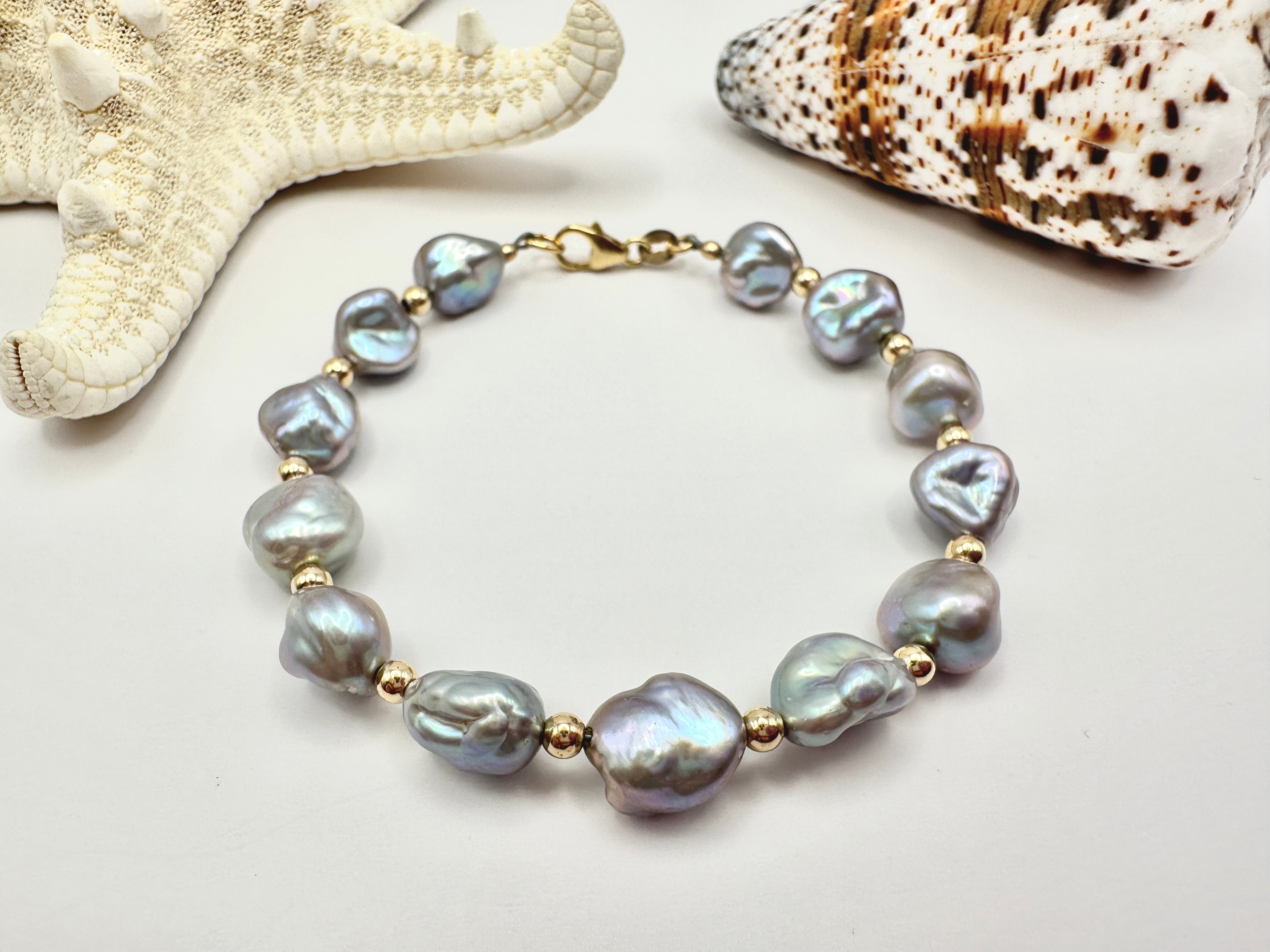 Iridescent Grey Keshi Pearl Nugget Bracelet with 14K Gold Filled Accents