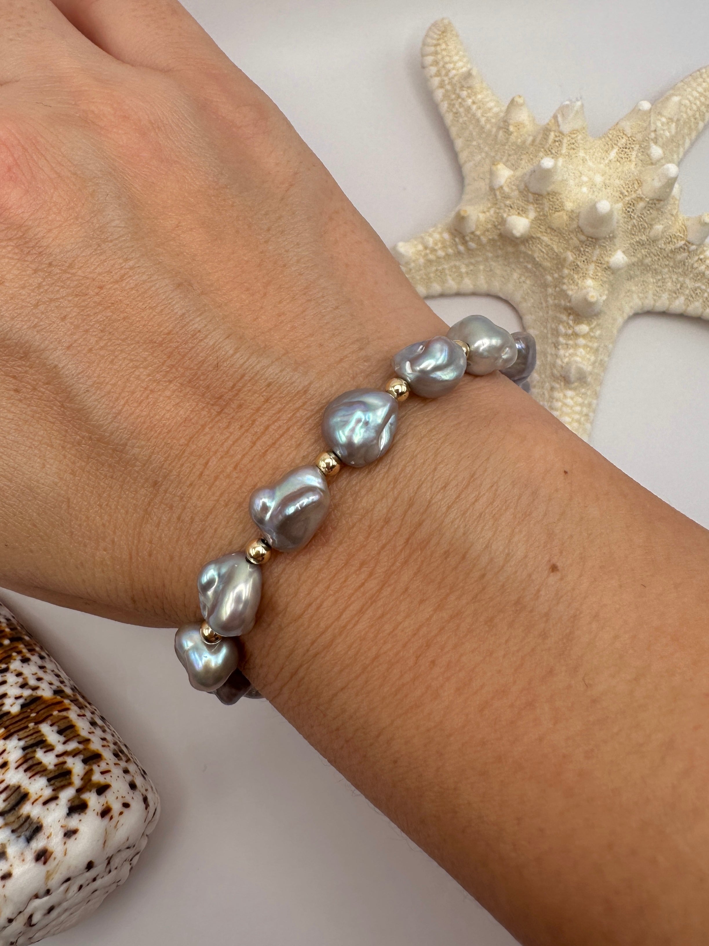 Iridescent Grey Keshi Pearl Nugget Bracelet with 14K Gold Filled Accents
