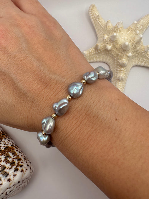 Iridescent Grey Keshi Pearl Nugget Bracelet with 14K Gold Filled Accents