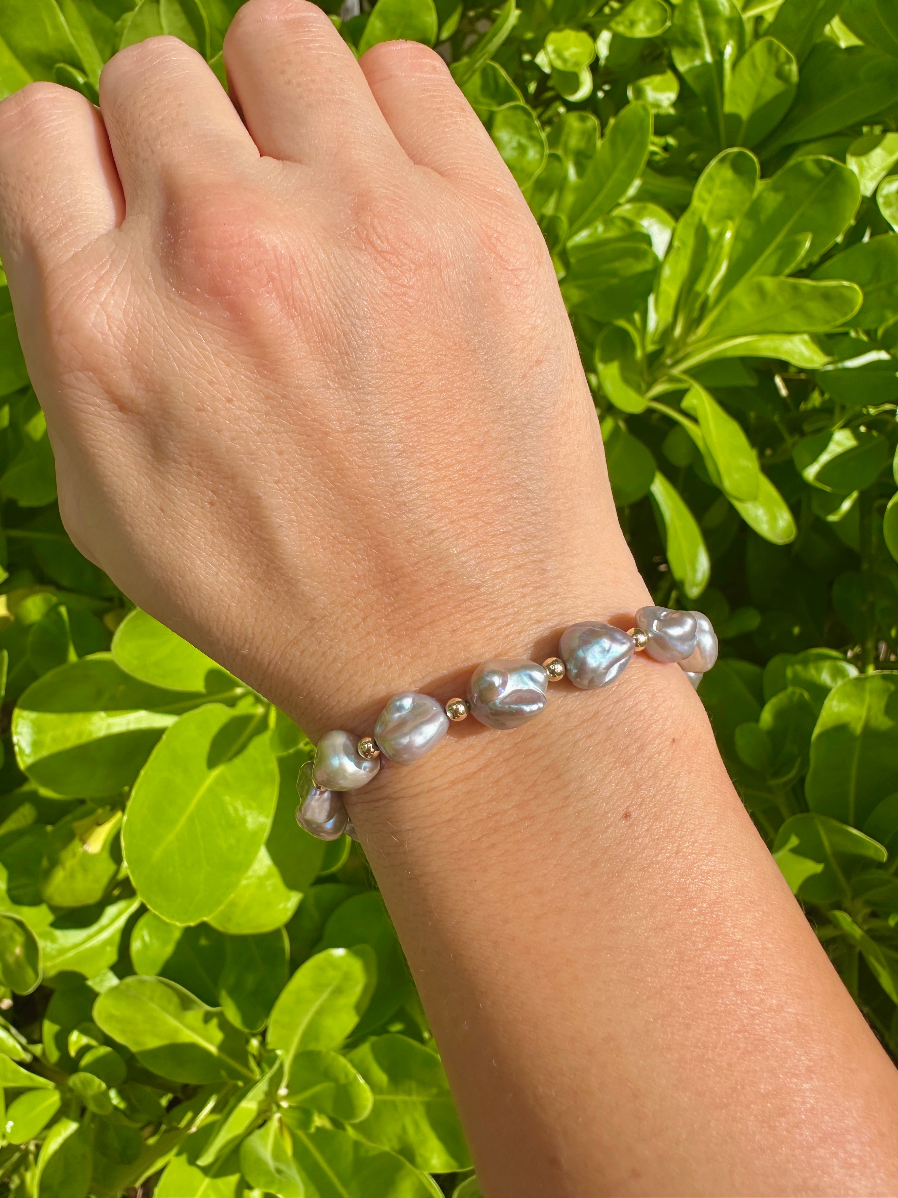 Iridescent Grey Keshi Pearl Nugget Bracelet with 14K Gold Filled Accents