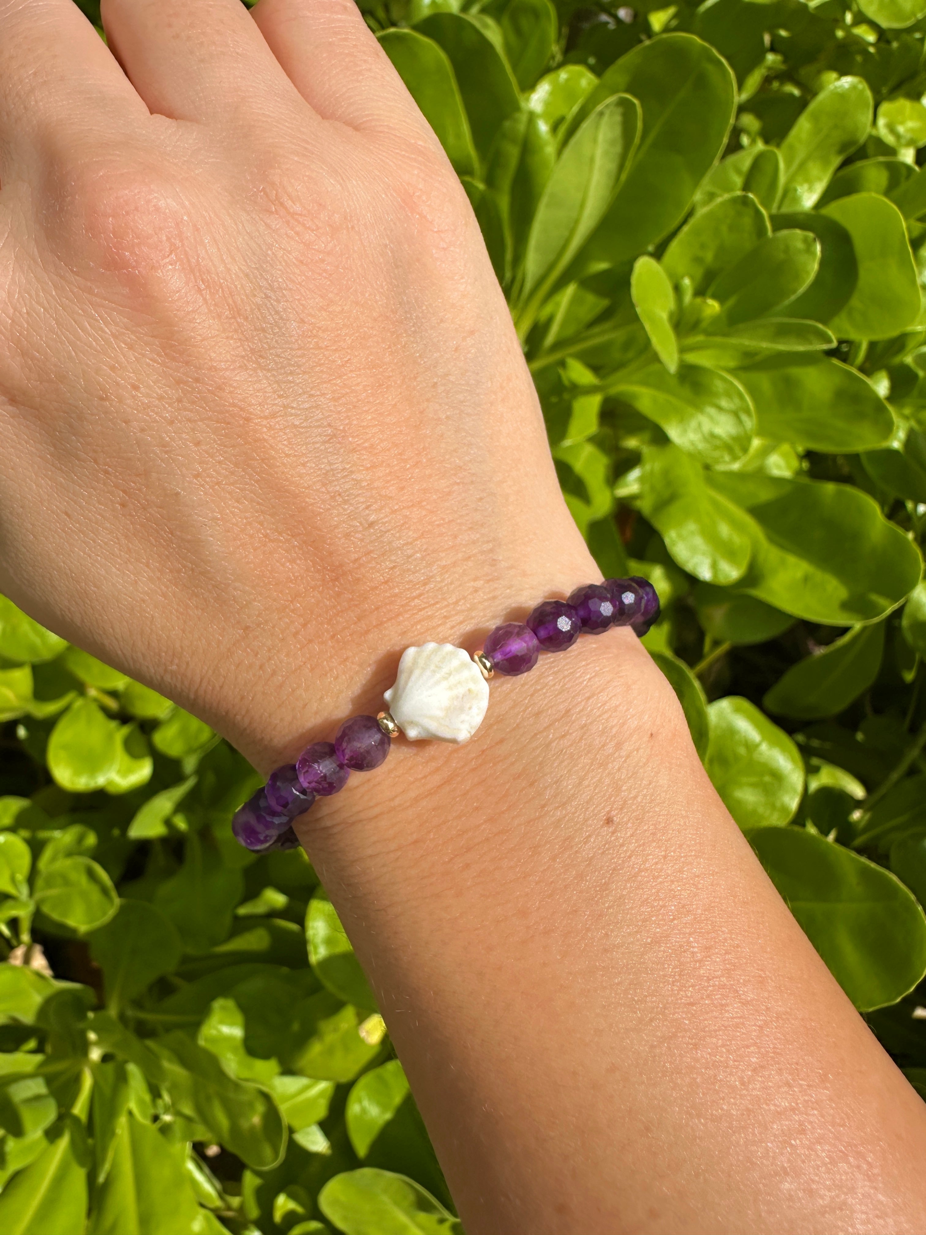 Purple Amethyst Stretch Bracelet with a Glazed Ceramic Scallop Shell and 14K Gold Filled Accents