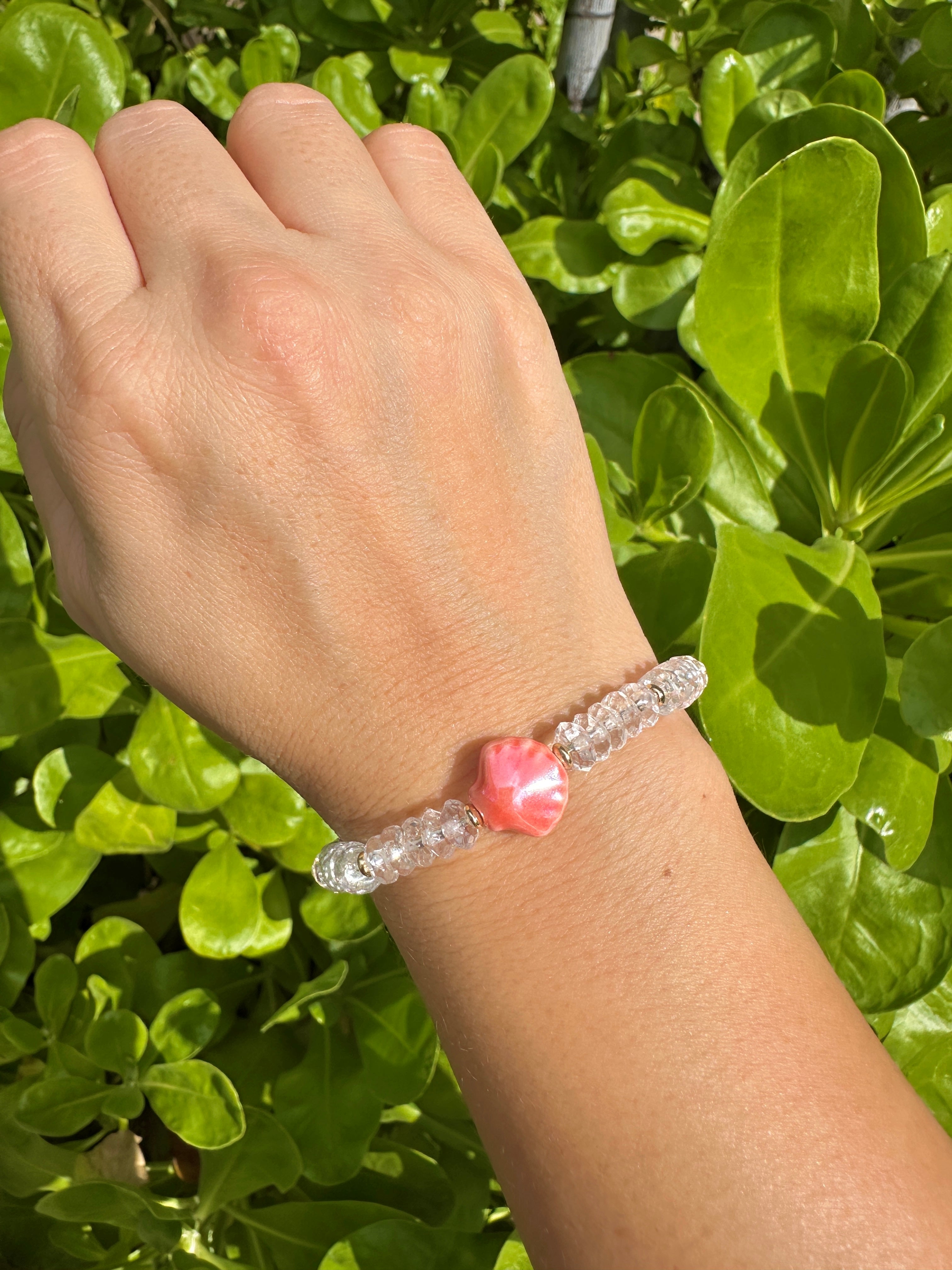 Clear Crystal Quartz Stretch Bracelet with a Peach Glazed Ceramic Scallop Shell and 14K Gold Filled Accents