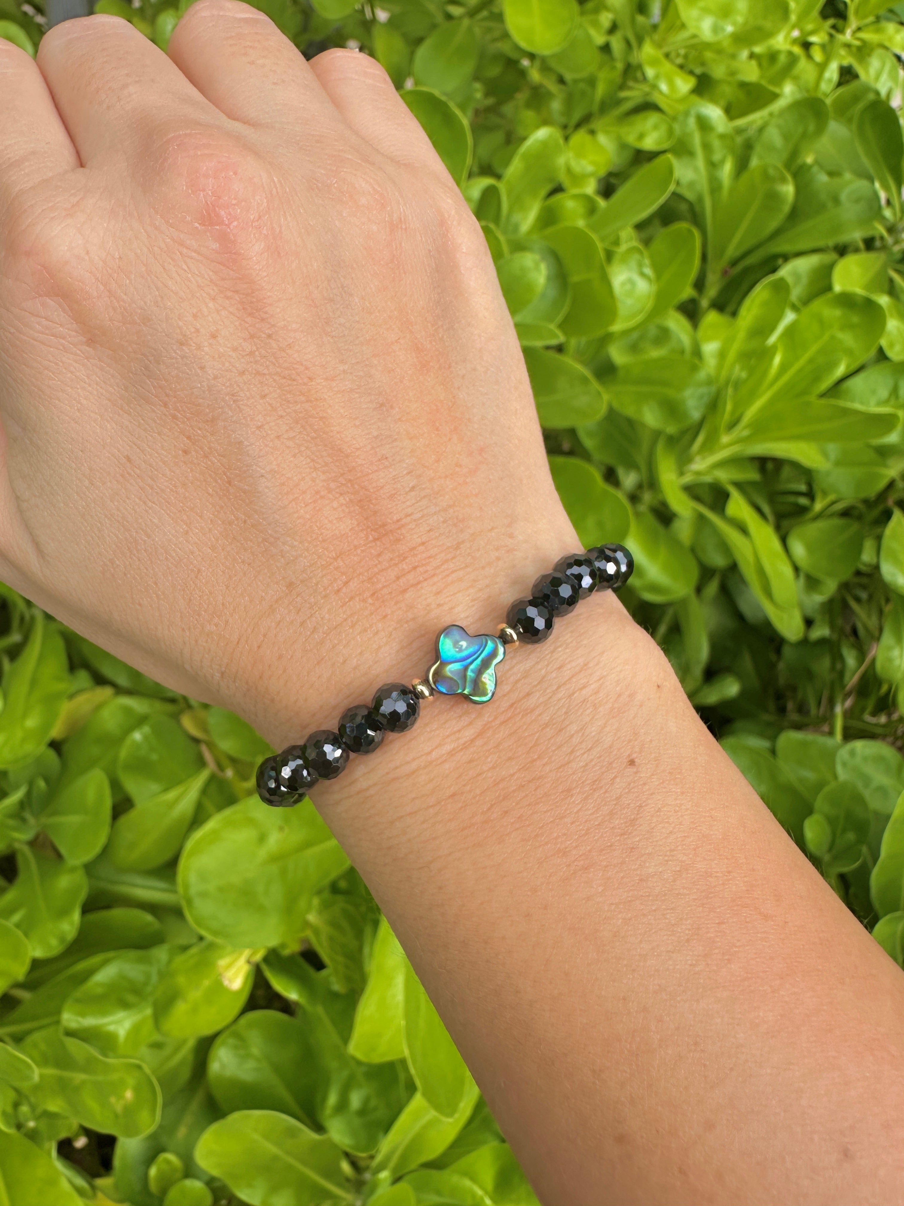 Black Spinel Stretch Bracelet with an Iridescent Abalone Clover and 14K Gold Filled Accents