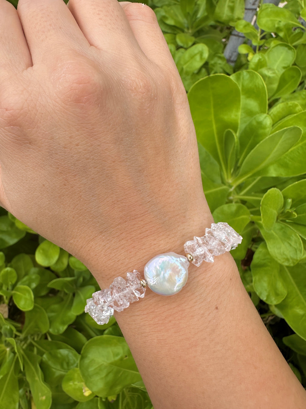 Raw Herkimer Diamond Stretch Bracelet with Optional Freshwater Coin Pearl and 14K Gold Filled Accents