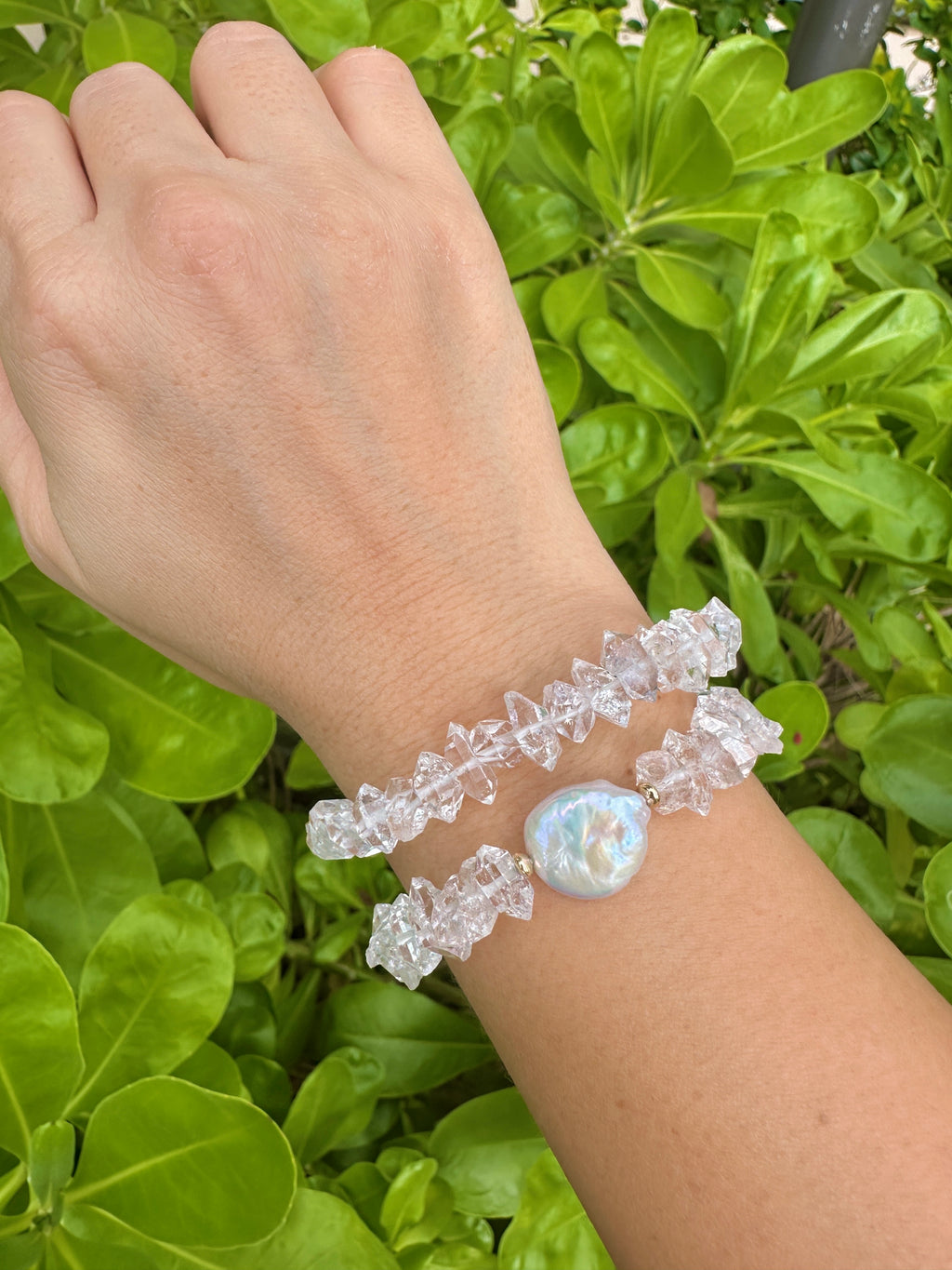 Raw Herkimer Diamond Stretch Bracelet with Optional Freshwater Coin Pearl and 14K Gold Filled Accents