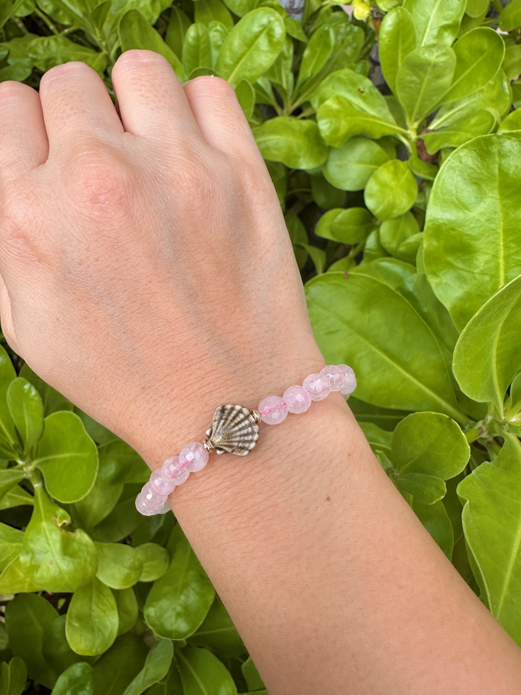 Rose Quartz Stretch Bracelet with a Glazed Ceramic Scallop Shell and 14K Gold Filled Accents