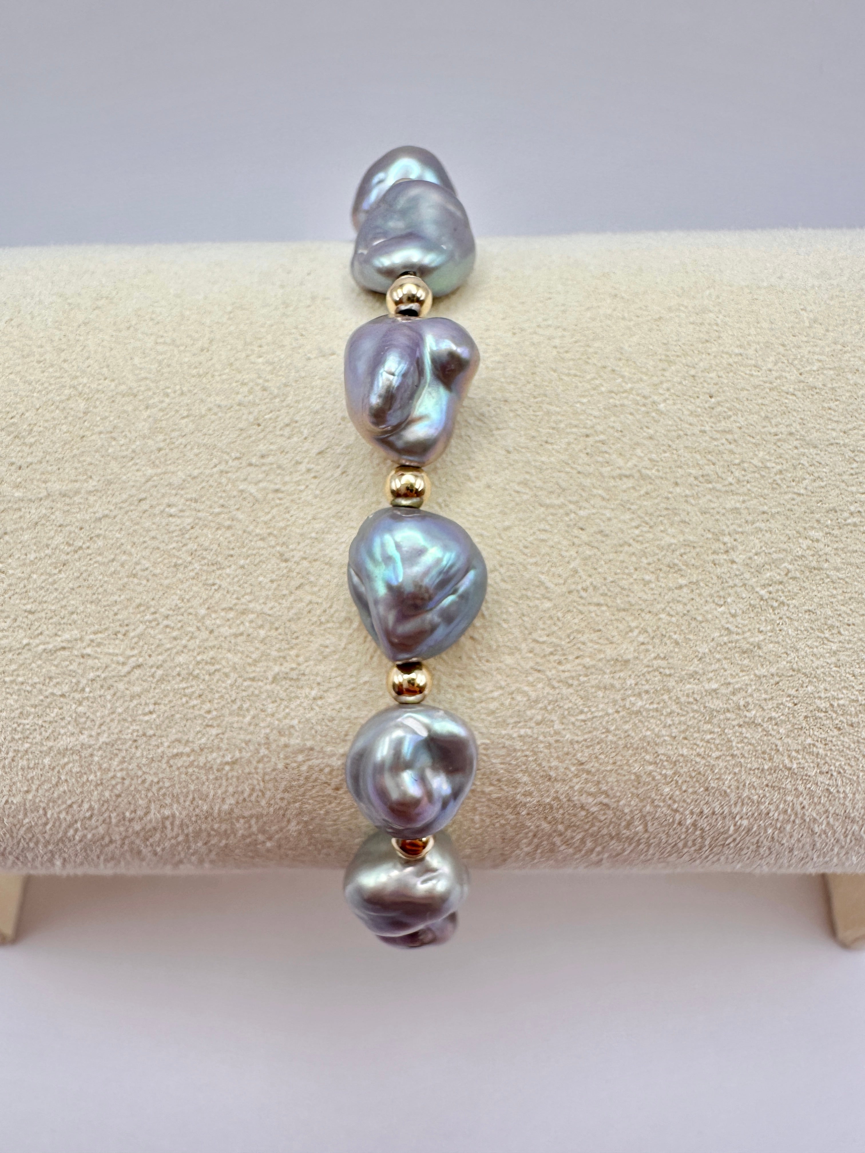 Iridescent Grey Keshi Pearl Nugget Bracelet with 14K Gold Filled Accents