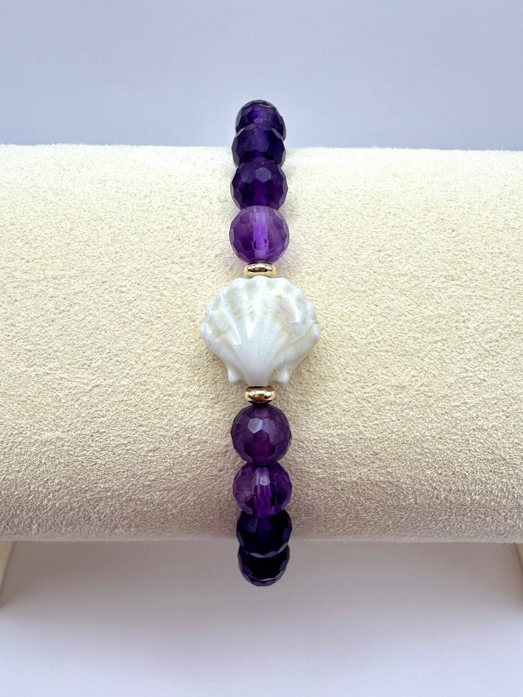 Purple Amethyst Stretch Bracelet with a Glazed Ceramic Scallop Shell and 14K Gold Filled Accents