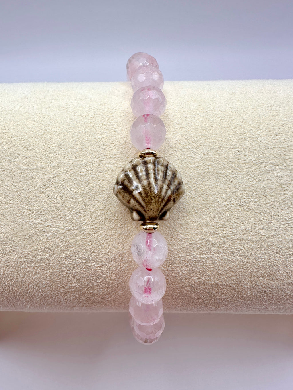 Rose Quartz Stretch Bracelet with a Glazed Ceramic Scallop Shell and 14K Gold Filled Accents