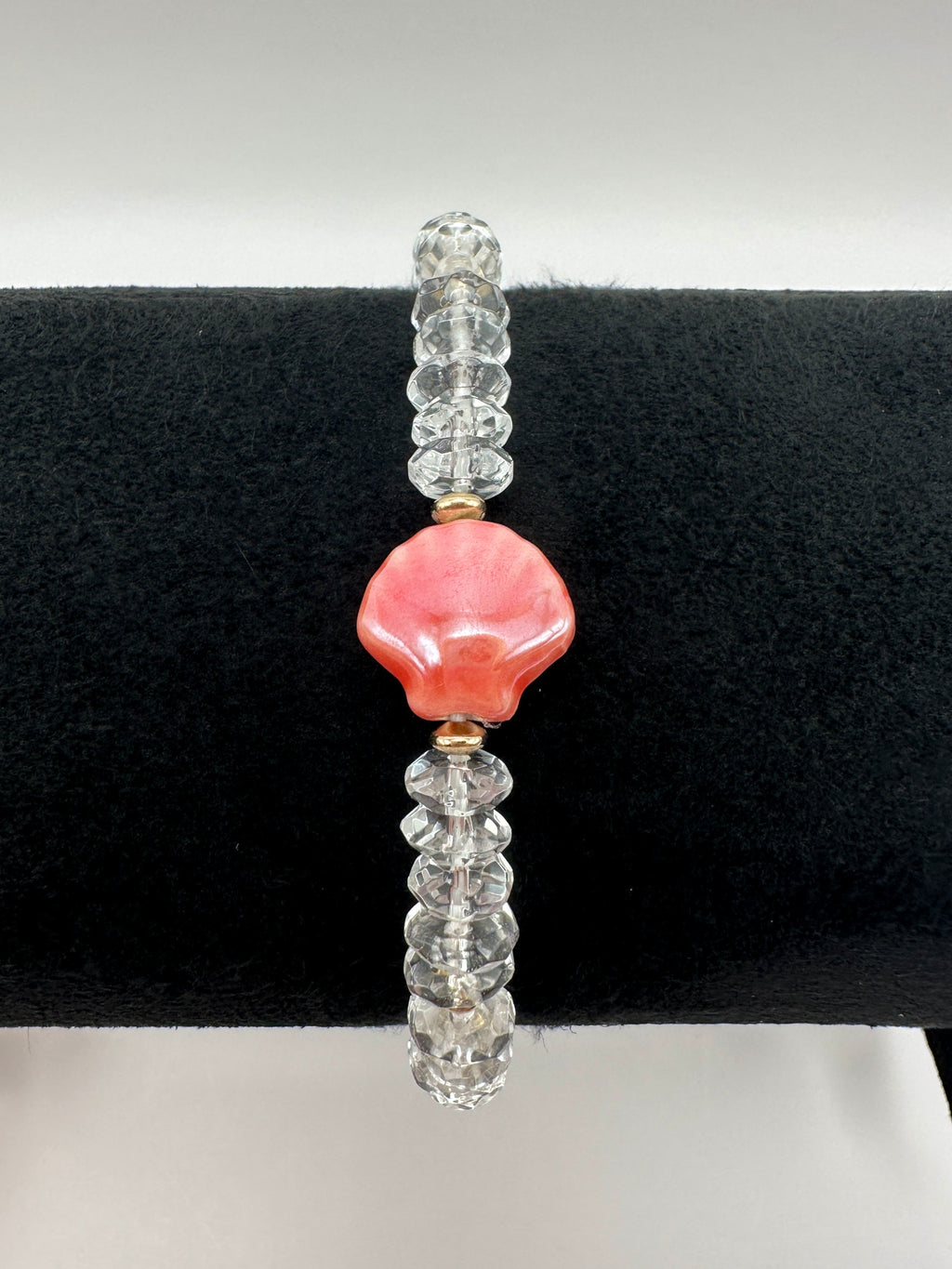 Clear Crystal Quartz Stretch Bracelet with a Peach Glazed Ceramic Scallop Shell and 14K Gold Filled Accents