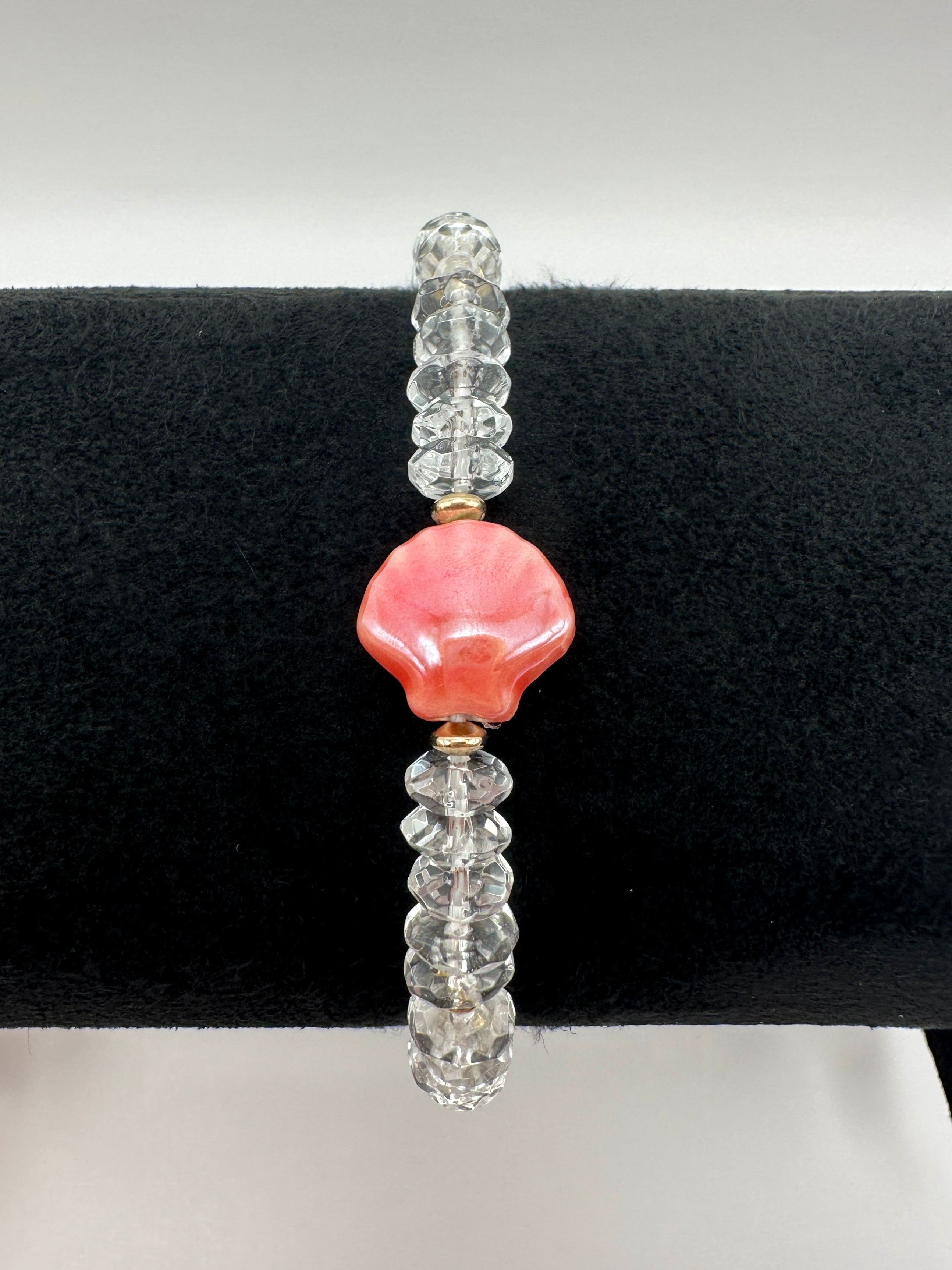 Clear Crystal Quartz Stretch Bracelet with a Peach Glazed Ceramic Scallop Shell and 14K Gold Filled Accents