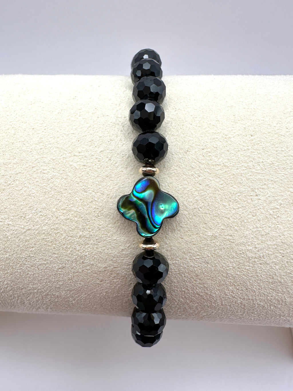 Black Spinel Stretch Bracelet with an Iridescent Abalone Clover and 14K Gold Filled Accents