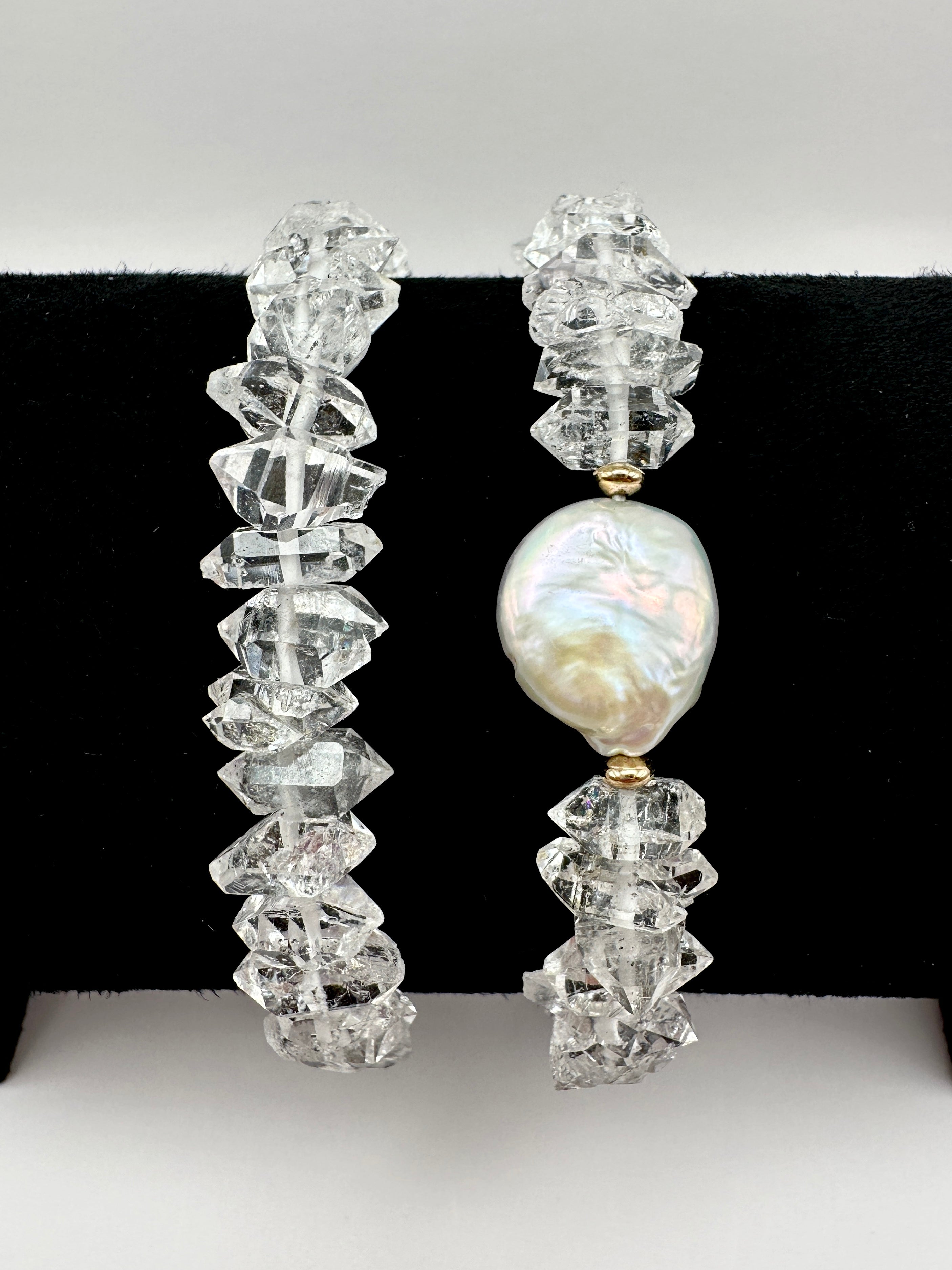 Raw Herkimer Diamond Stretch Bracelet with Optional Freshwater Coin Pearl and 14K Gold Filled Accents