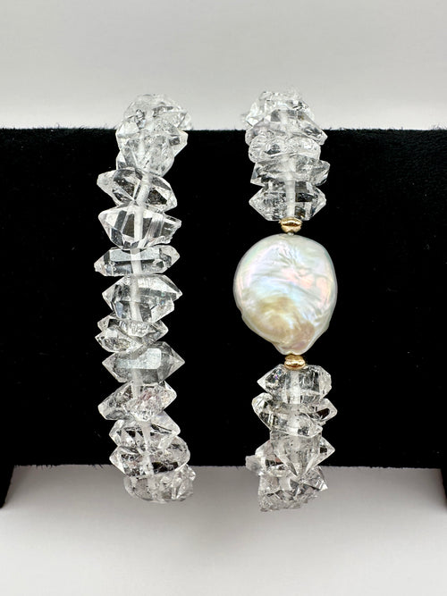 Raw Herkimer Diamond Stretch Bracelet with Optional Freshwater Coin Pearl and 14K Gold Filled Accents