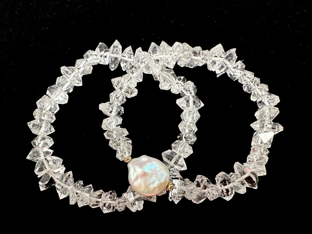 Raw Herkimer Diamond Stretch Bracelet with Optional Freshwater Coin Pearl and 14K Gold Filled Accents